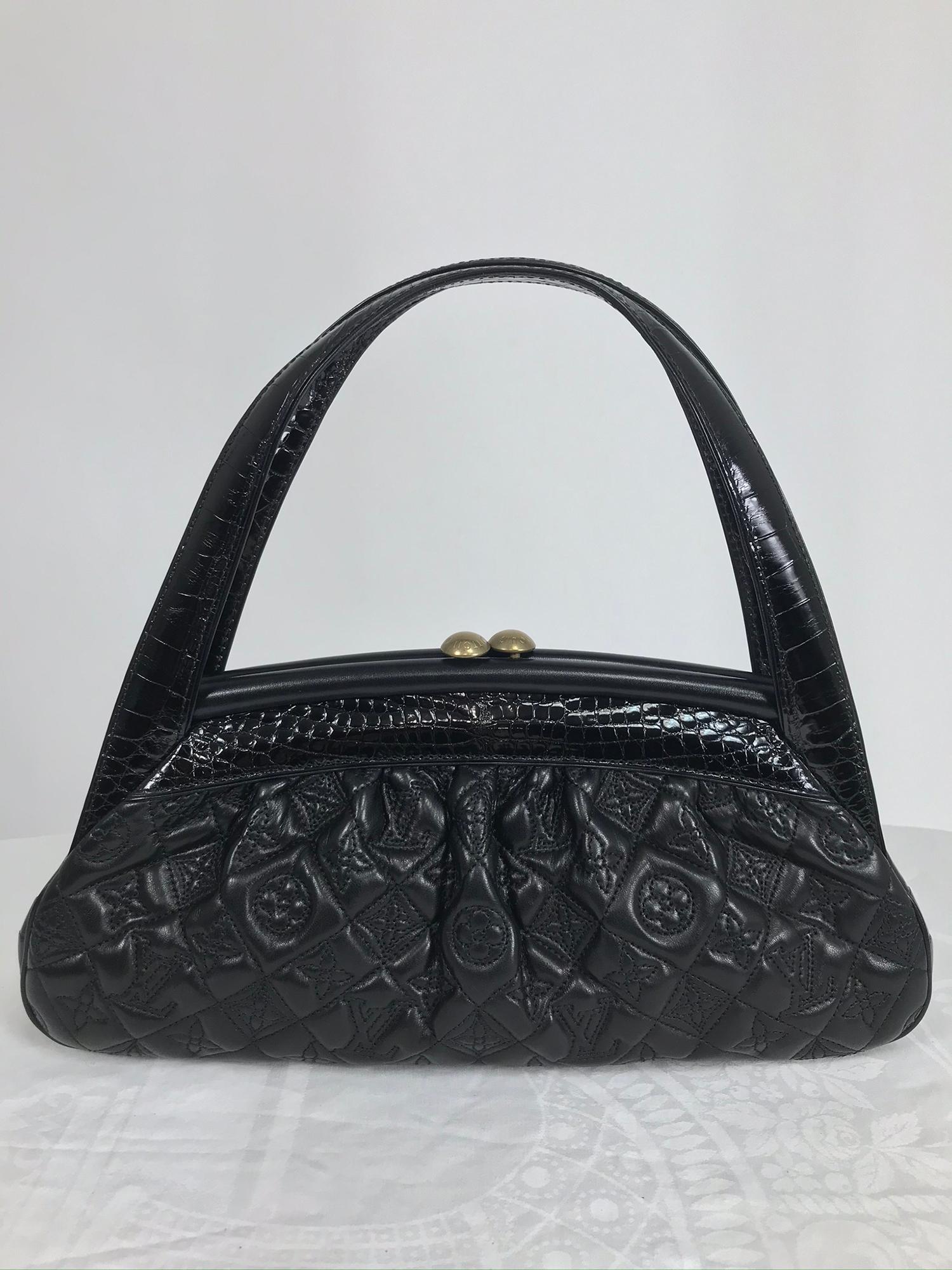 Rare Louis Vuitton Limited Edition Black Alligator Monogram Vienna Sac Fermoir MM Bag, 
from the Fall/Winter 2005 runway collection.  Gorgeous quilted lambskin leather embroidered to highlight the monogram design, the bag is ruched for added detail.