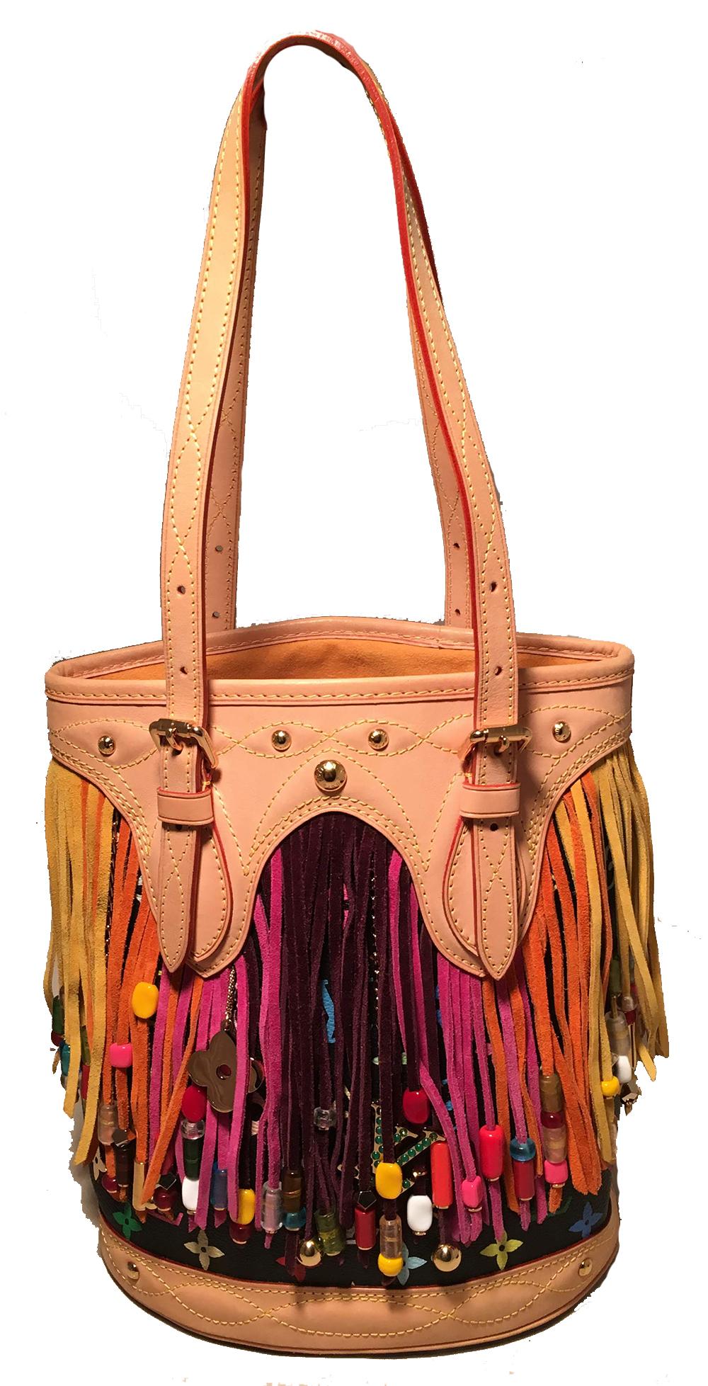 Louis Vuitton Limited Edition Black Monogram Multicolor Fringe Bucket Bag mit Pouch in ausgezeichnetem Zustand. Schwarzes:: mehrfarbiges Monogramm-Canvas mit hellbraunem Leder und goldenen Beschlägen sowie mehrfarbigen Wildlederfransen mit