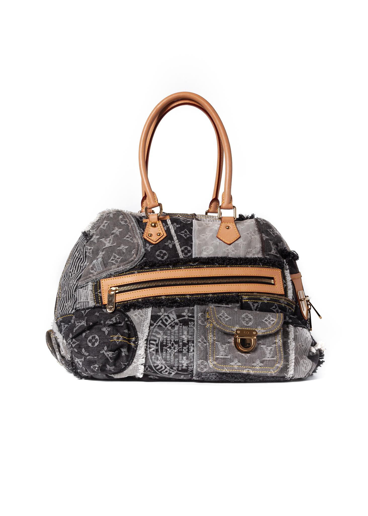 This Bowly Bag is made of blue monogram denim with patchwork design. The bag features dual top handles, a leather tag, leather finishes, brass hardware and a front and back push lock closure pockets. Top zip closure opens to a floral printed fabric