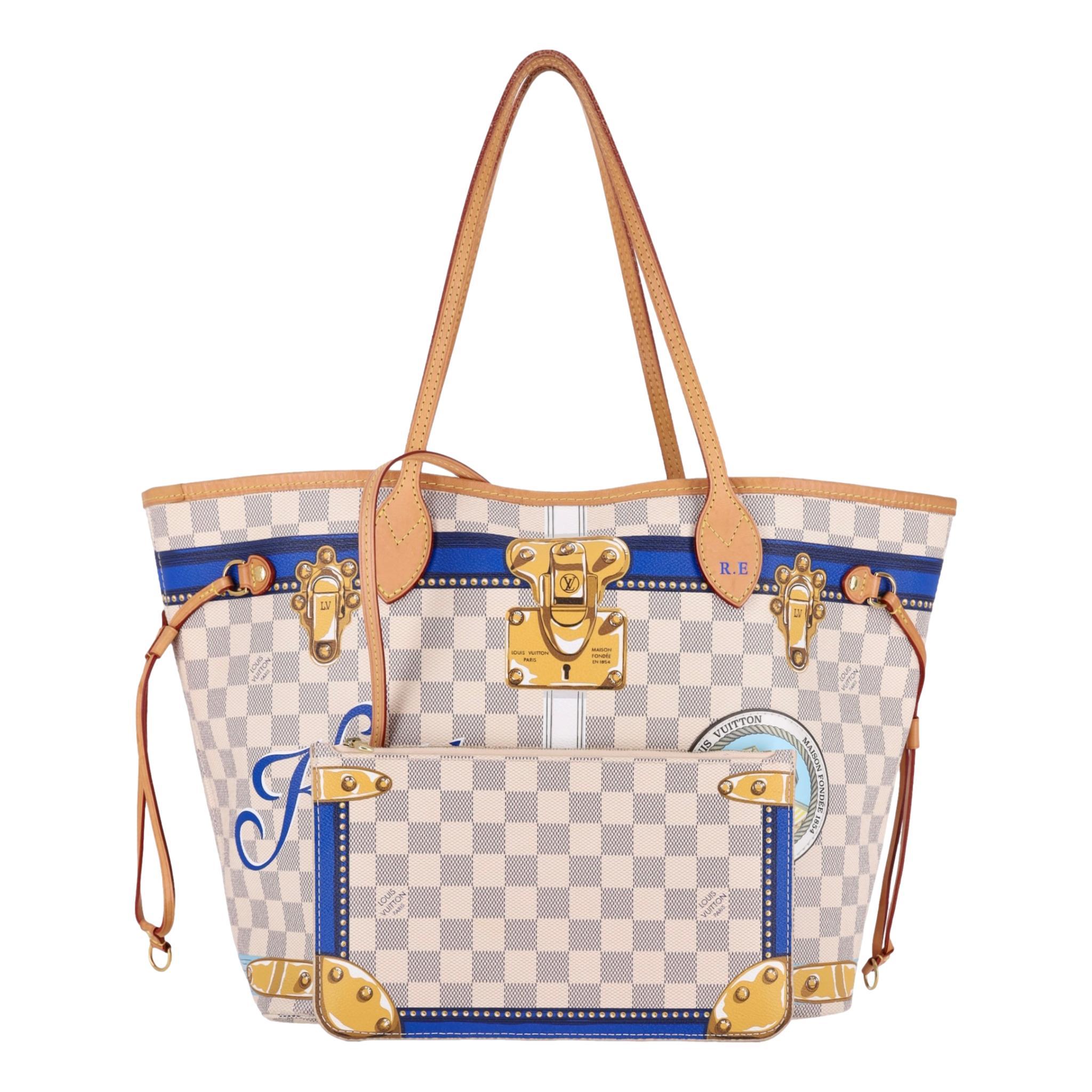 Louis Vuitton Limited Edition Damier Azur Summer Trunks Knokke Neverfull MM Bag & Pochette

Iconic Neverfull shoulder bag crafted in signature Damier Azur coated canvas with matching pouch.

Detailed with gold LV luggage trunk print accents and blue