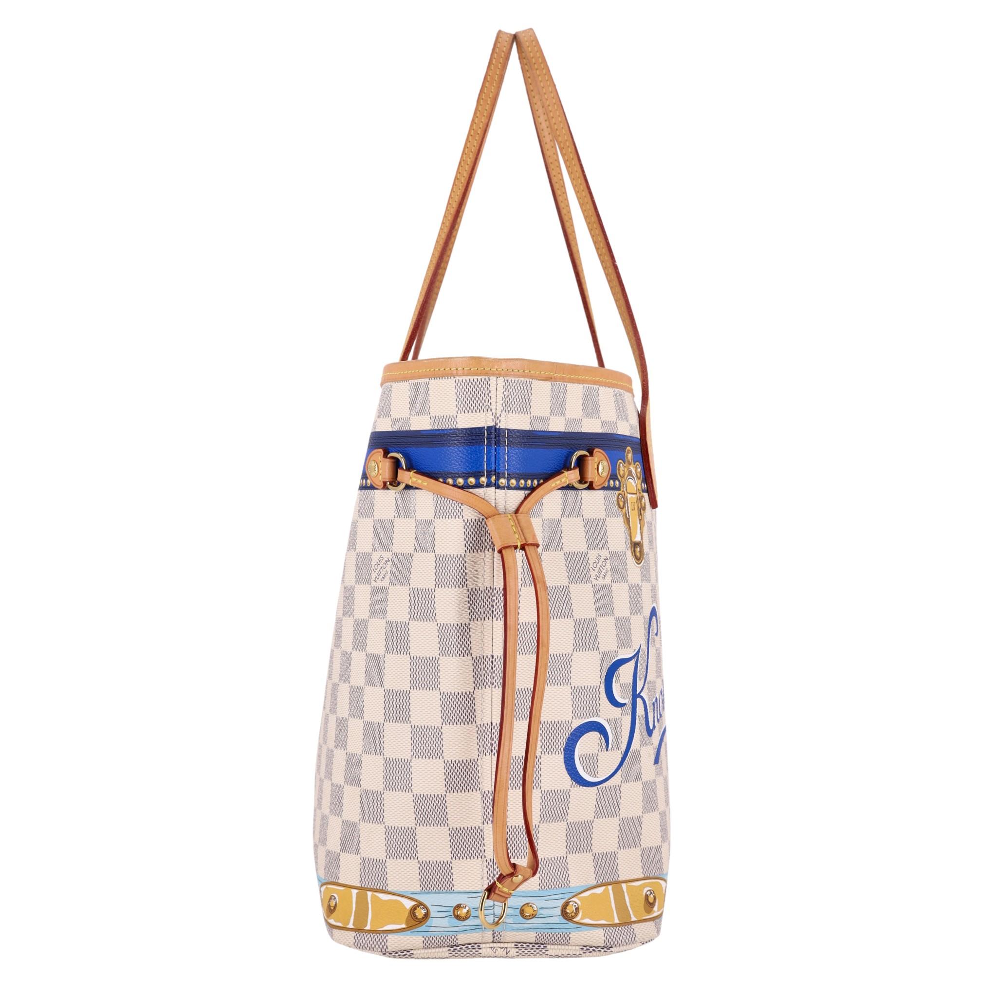 Beige Louis Vuitton Limited Edition Damier Azur Summer Trunks Knokke Neverfull MM Bag For Sale