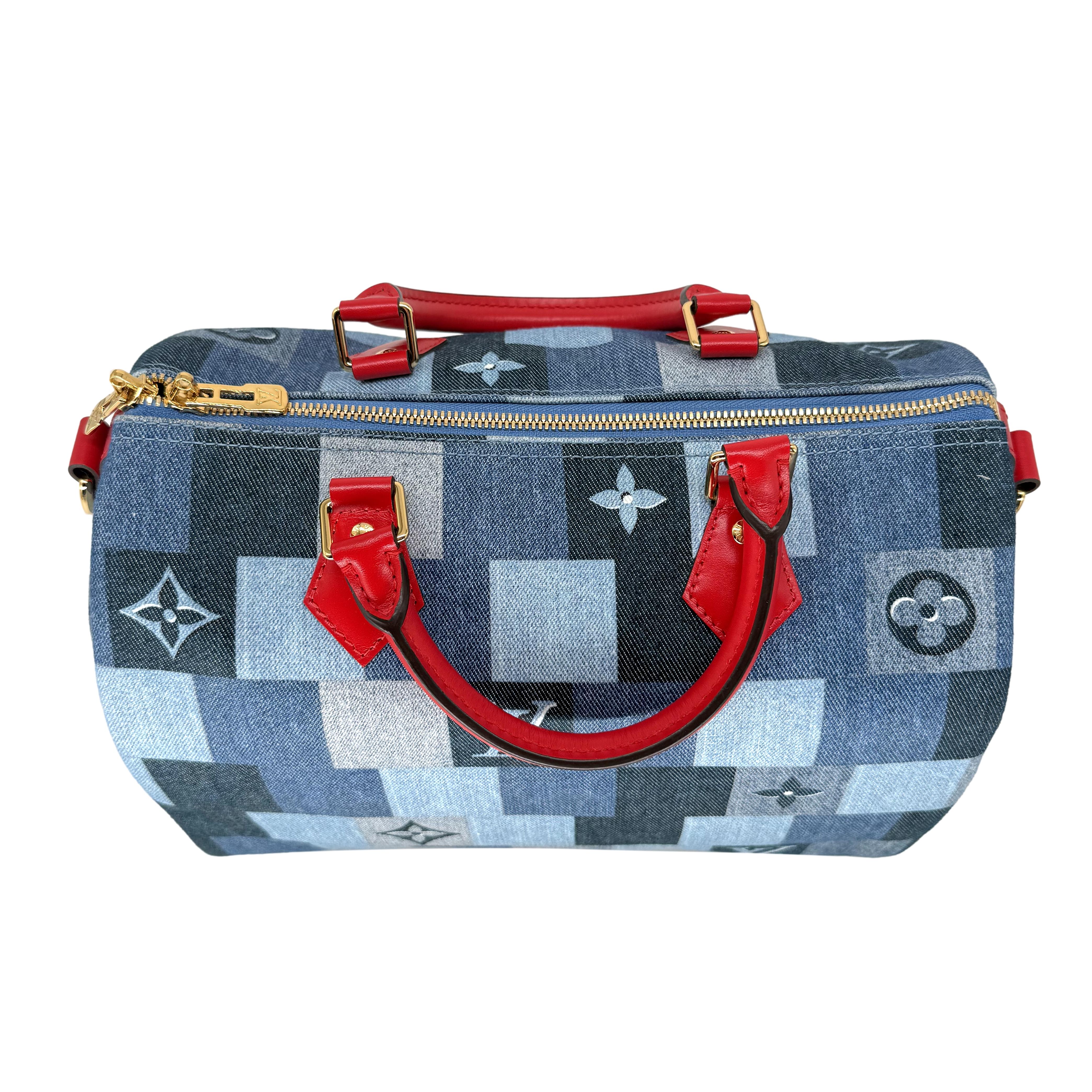 Louis Vuitton Limited Edition Denim Patchwork Bandoulière Speedy Damier 30, 2019 In Excellent Condition For Sale In Banner Elk, NC