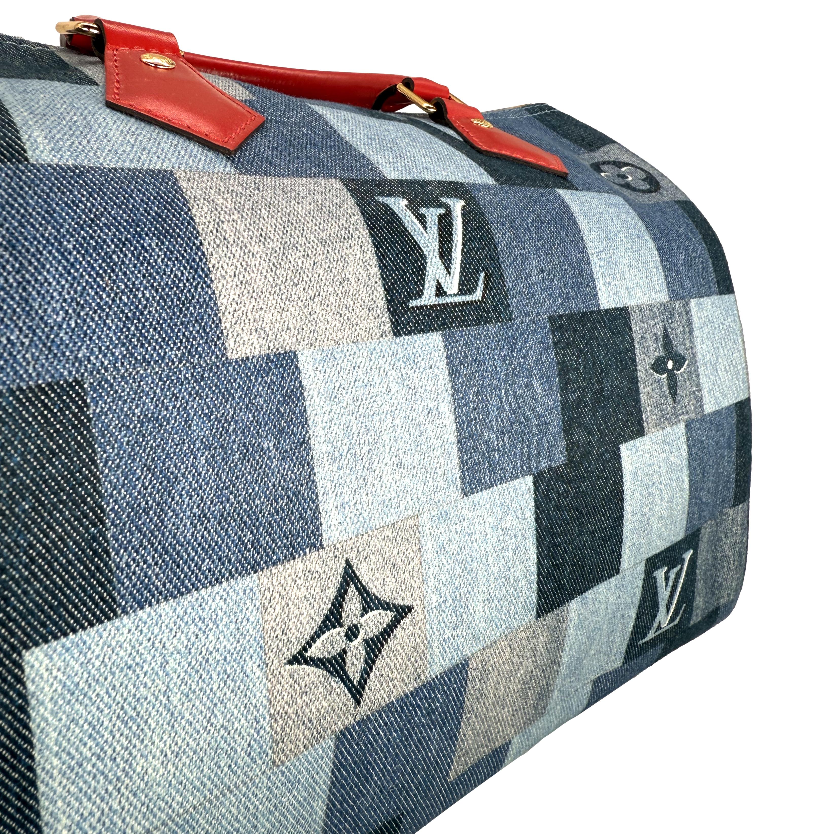 Women's or Men's Louis Vuitton Limited Edition Denim Patchwork Bandoulière Speedy Damier 30, 2019 For Sale