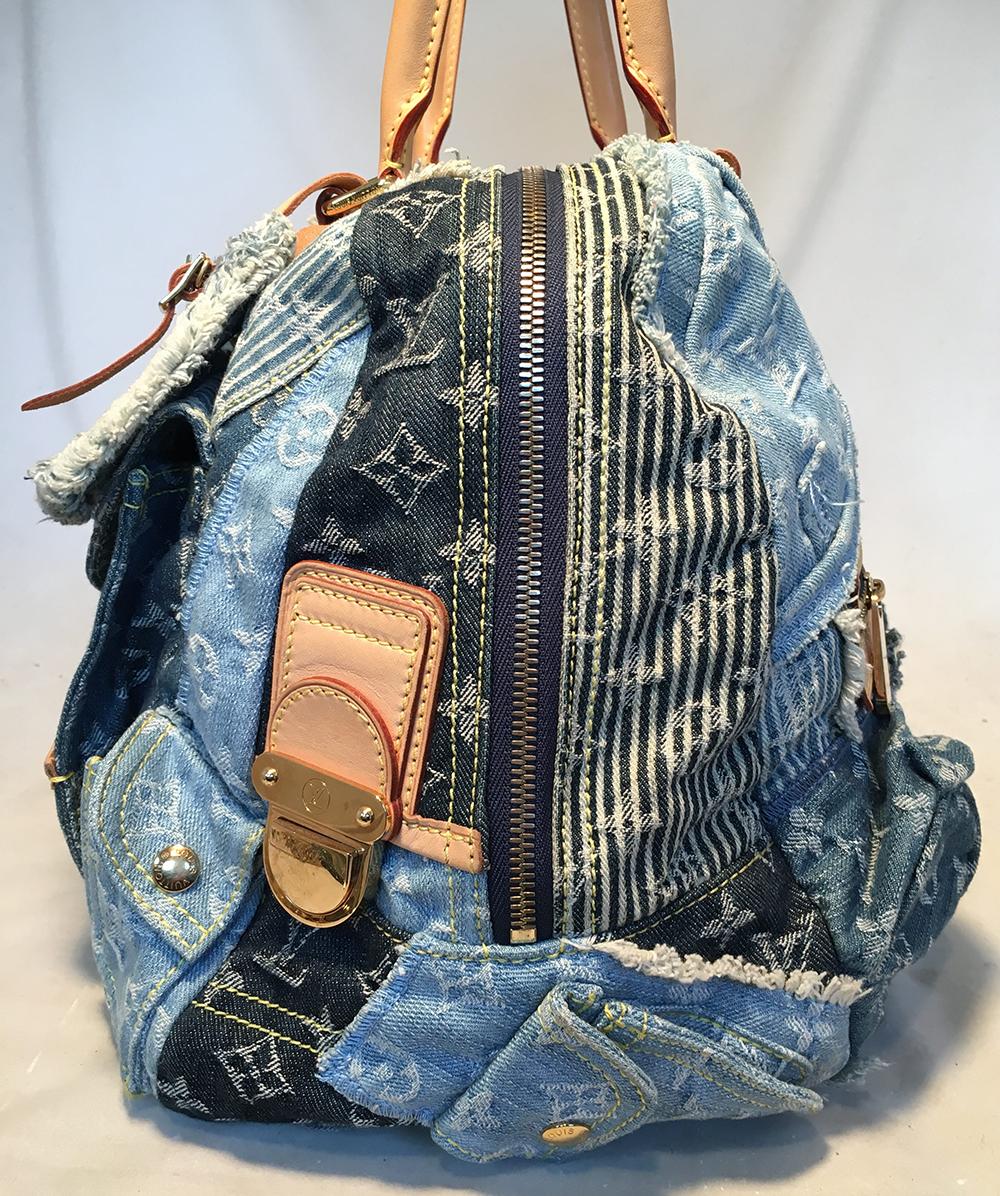 Louis Vuitton Limited Edition Denim Patchwork Bowly Tote Bag in excellent condition. Blue jean denim patchwork exterior in various shades of denim with LV monogram throughout and lots of pockets, snaps, and tan leather trim. Gold hardware