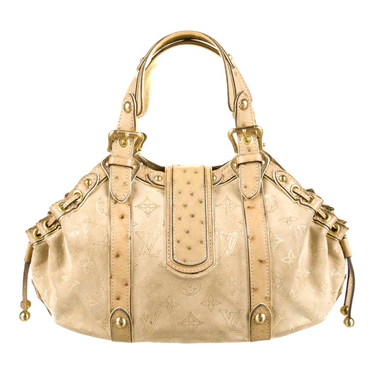 LOUIS VUITTON Limited Edition Exotic Ostrich and Suede LV Monogram Logo Bag  For Sale at 1stDibs