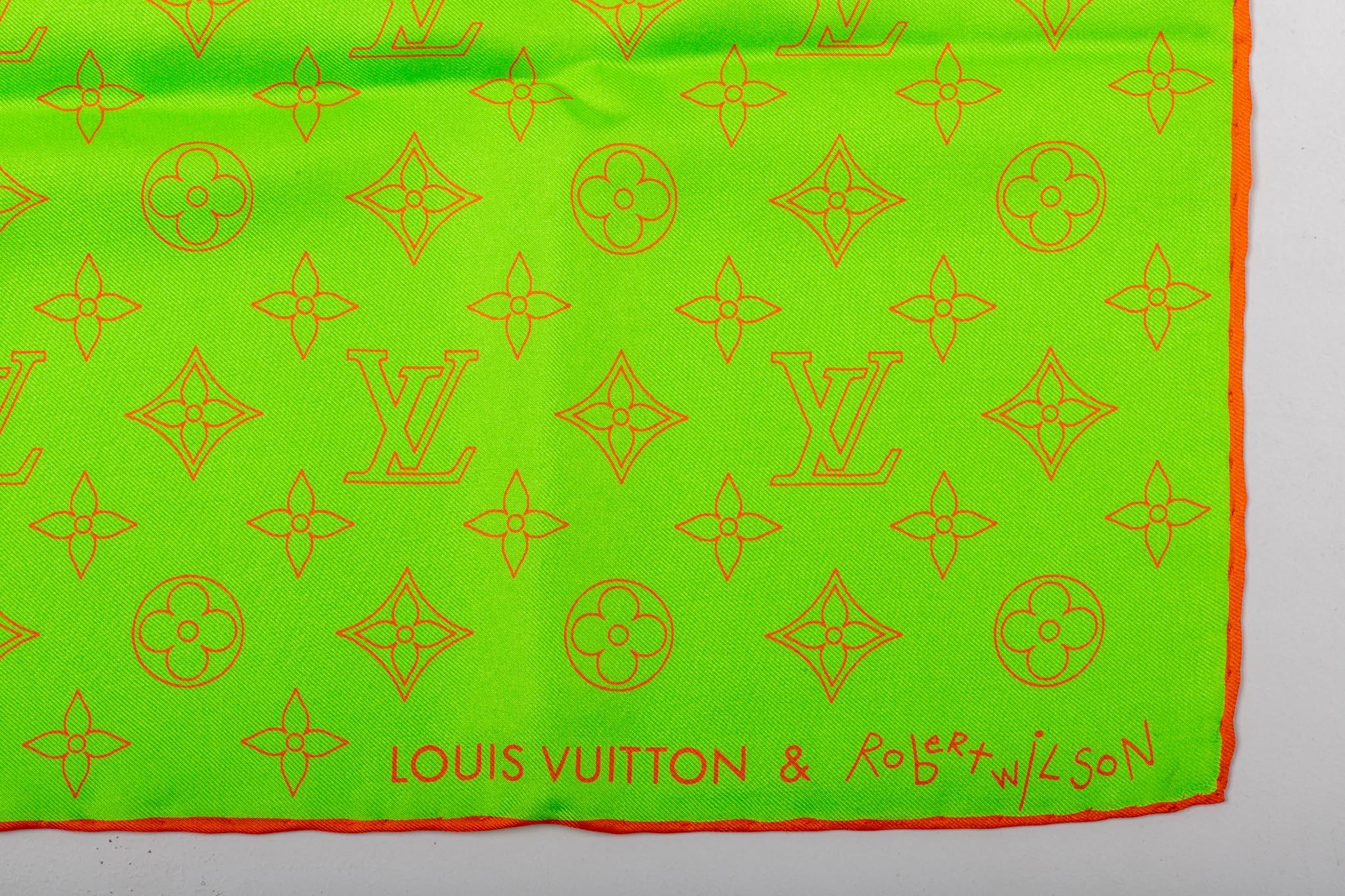 Louis Vuitton limited edition fluorescent silk scarf. Robert Wilson design. 2002 collection. Green and orange combination.