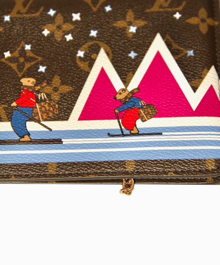 Authentic Louis Vuitton Monogram Clutch Wallet Zip Skiing Bears Leather Pink