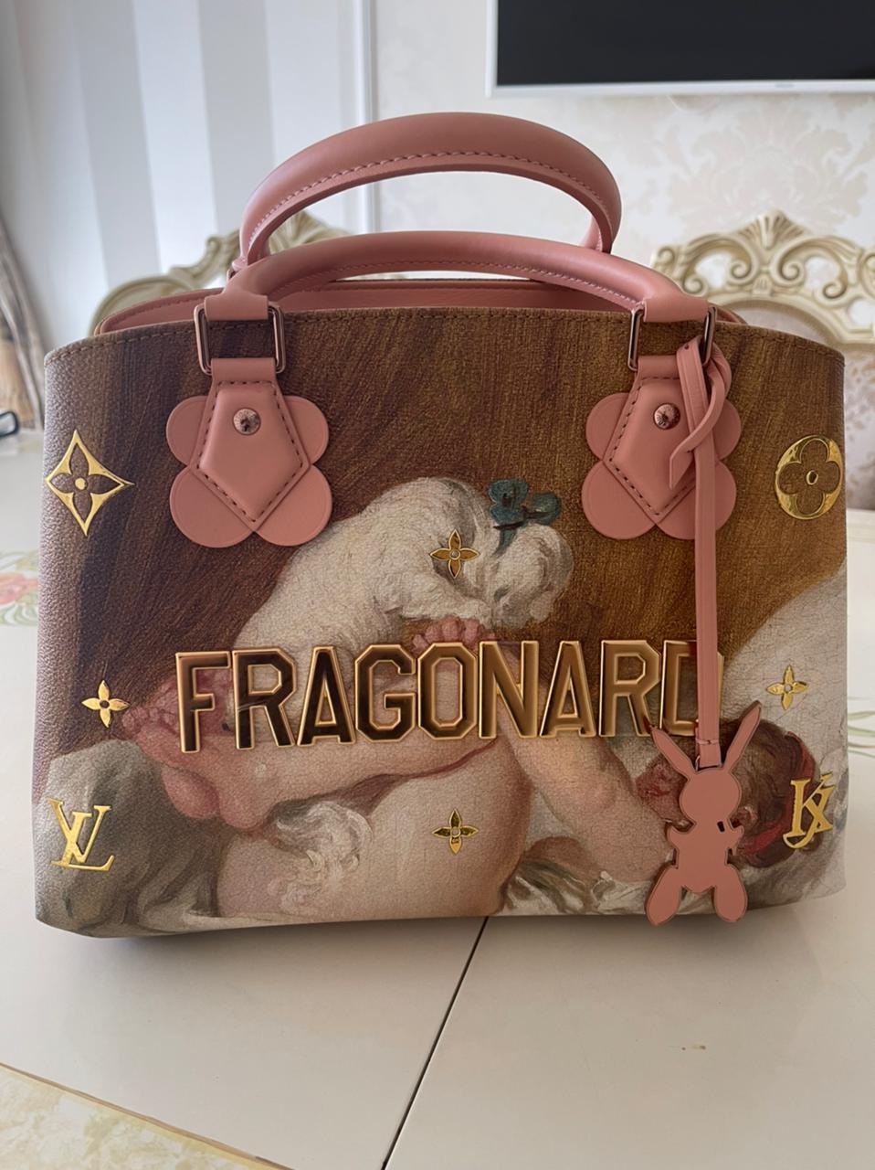 Montaigne X Jeff Koons Fragonard Pink Calfskin Leather and Coated Canvas Tote. Comes with dust bag,bag has never been worn.
Metal letters hardware still covered still in plastic.

 13