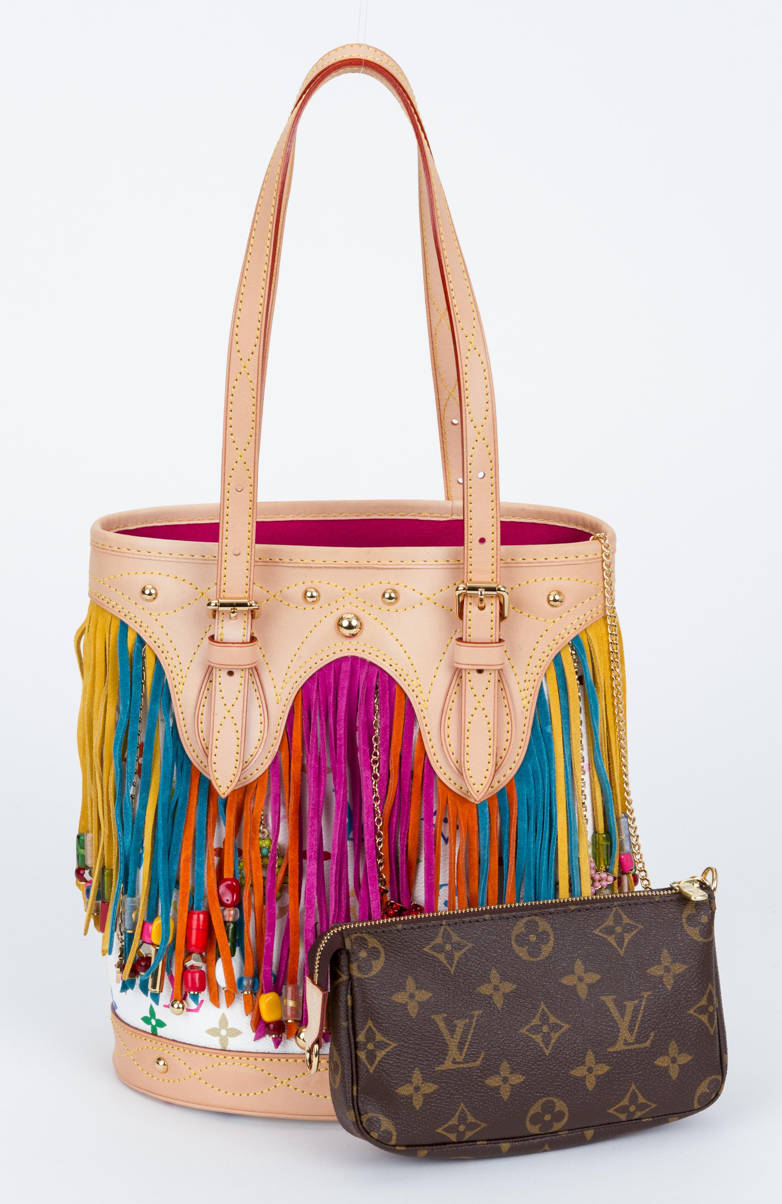 Beige Louis Vuitton Limited Edition Multicolor Fringe Bucket Bag