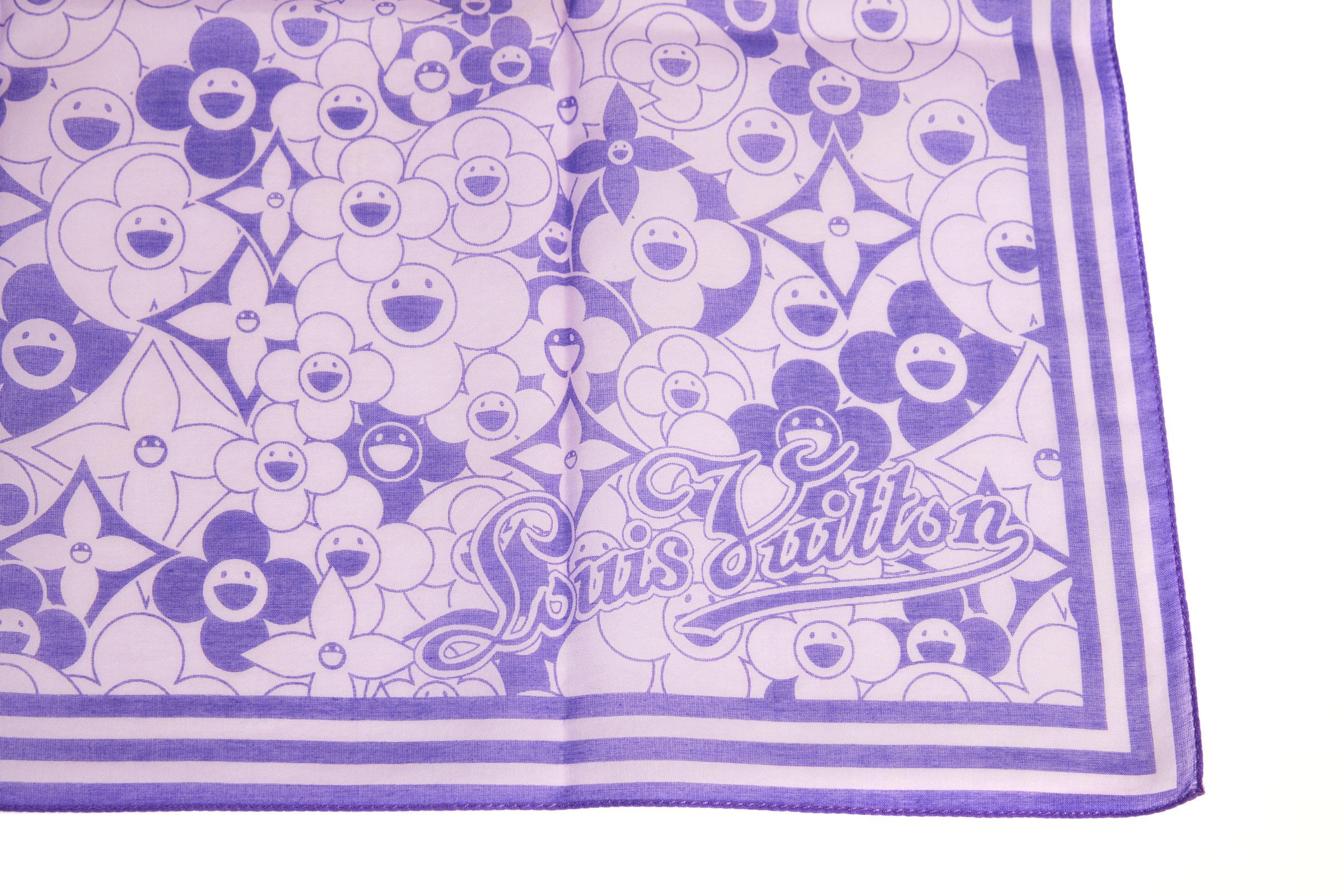 Petit foulard Murakami en coton à motifs floraux, édition limitée Louis Vuitton. Livré avec une étiquette d'entretien.