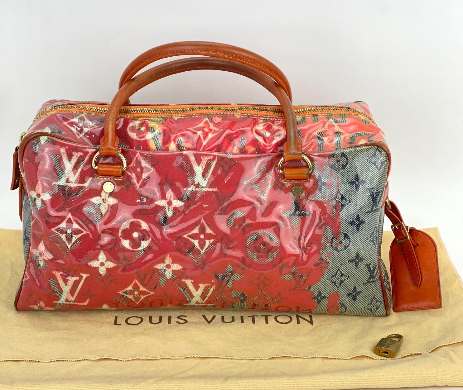 Pre-Owned  100% Authentic
  Louis Vuitton Richard Prince Pink Denim Defile
Weekender PM Pulp Bag
 RATING: B/C..Good shows some signs of use
MATERIAL: Monogram Denim coated canvas with leather trim
HANDLE: double leather, has darkness on bottom
where