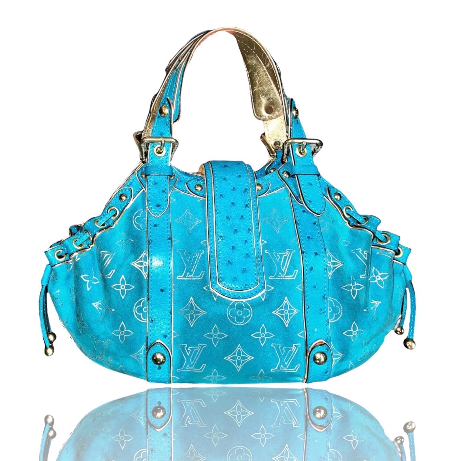 LOUIS VUITTON Limited Edition - Turquoise Exotic Ostrich Suede Monogram Logo Bag In Good Condition For Sale In Switzerland, CH
