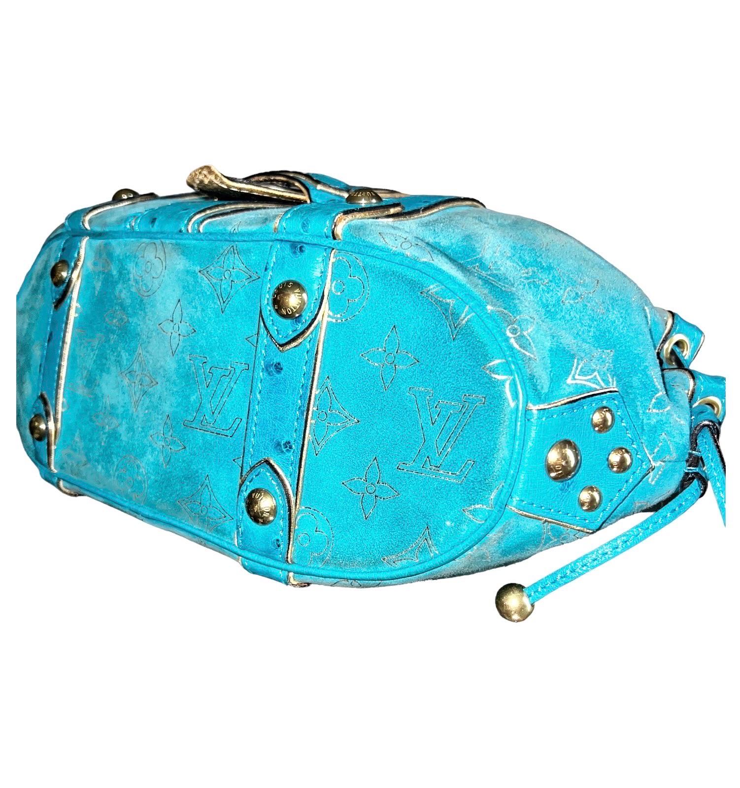 LOUIS VUITTON Limited Edition - Turquoise Exotic Ostrich Suede Monogram Logo Bag For Sale 2