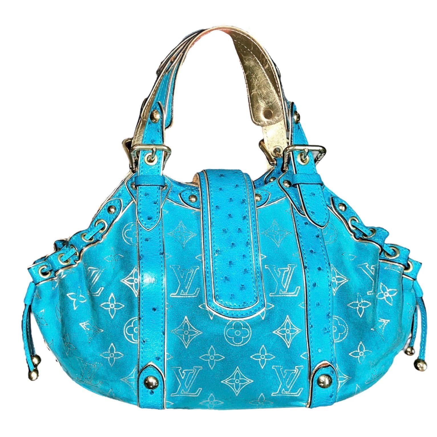 LOUIS VUITTON Limited Edition - Turquoise Exotic Ostrich Suede Monogram Logo Bag For Sale 3