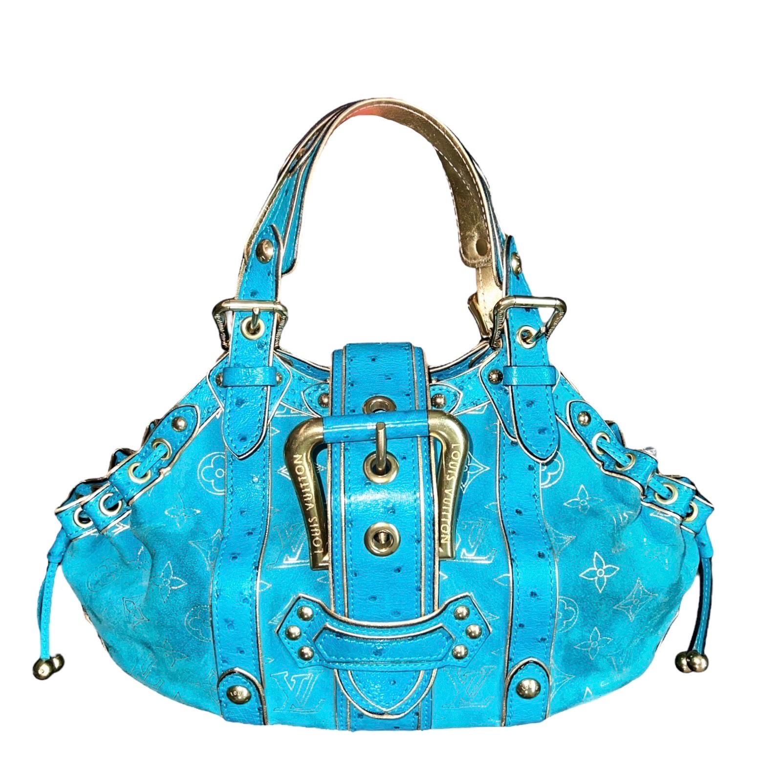 LOUIS VUITTON Limited Edition - Turquoise Exotic Ostrich Suede Monogram Logo Bag For Sale 4