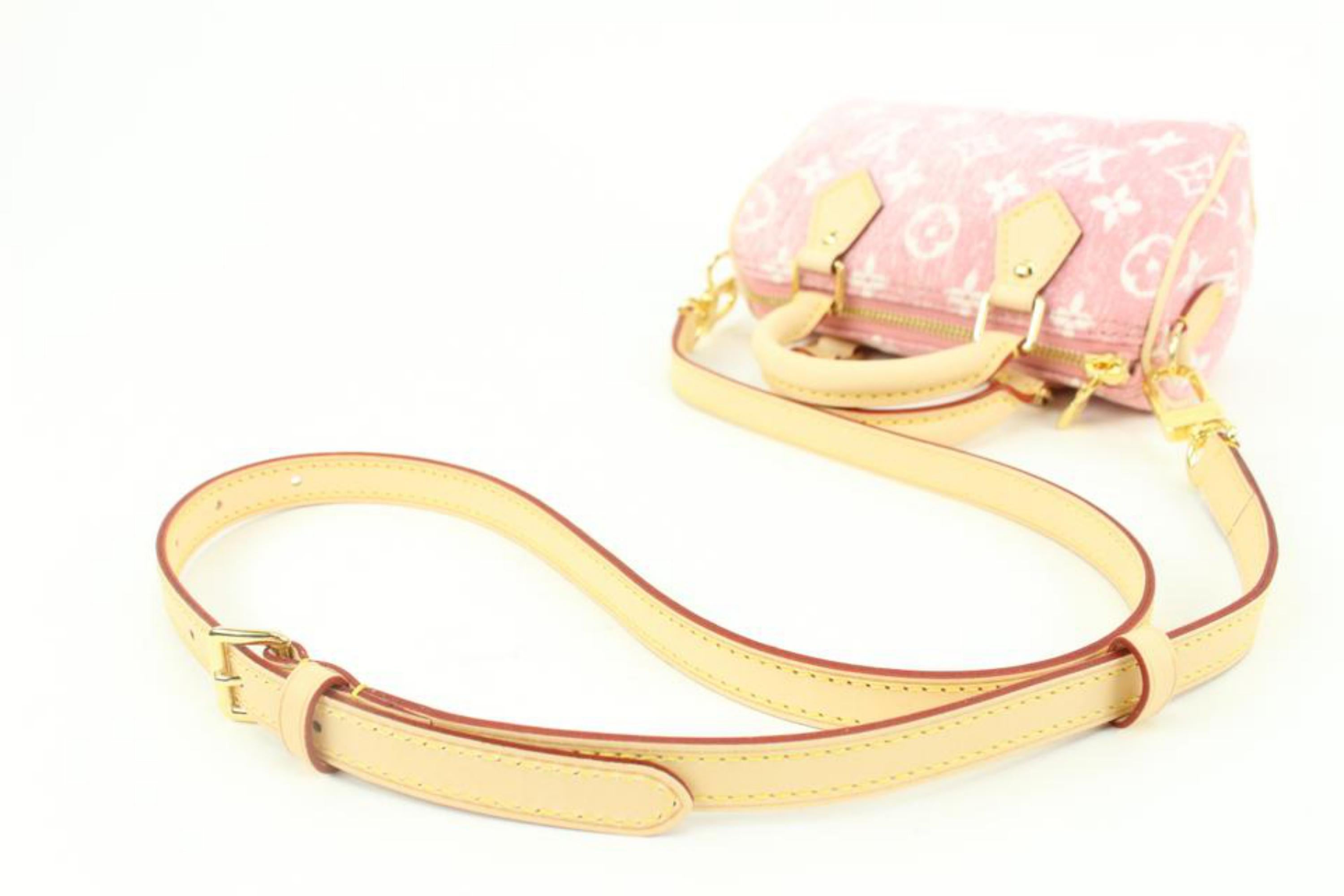 White Louis Vuitton Limited Pink Rose Monogram Denim Mini Speedy Nano Bandouliere 