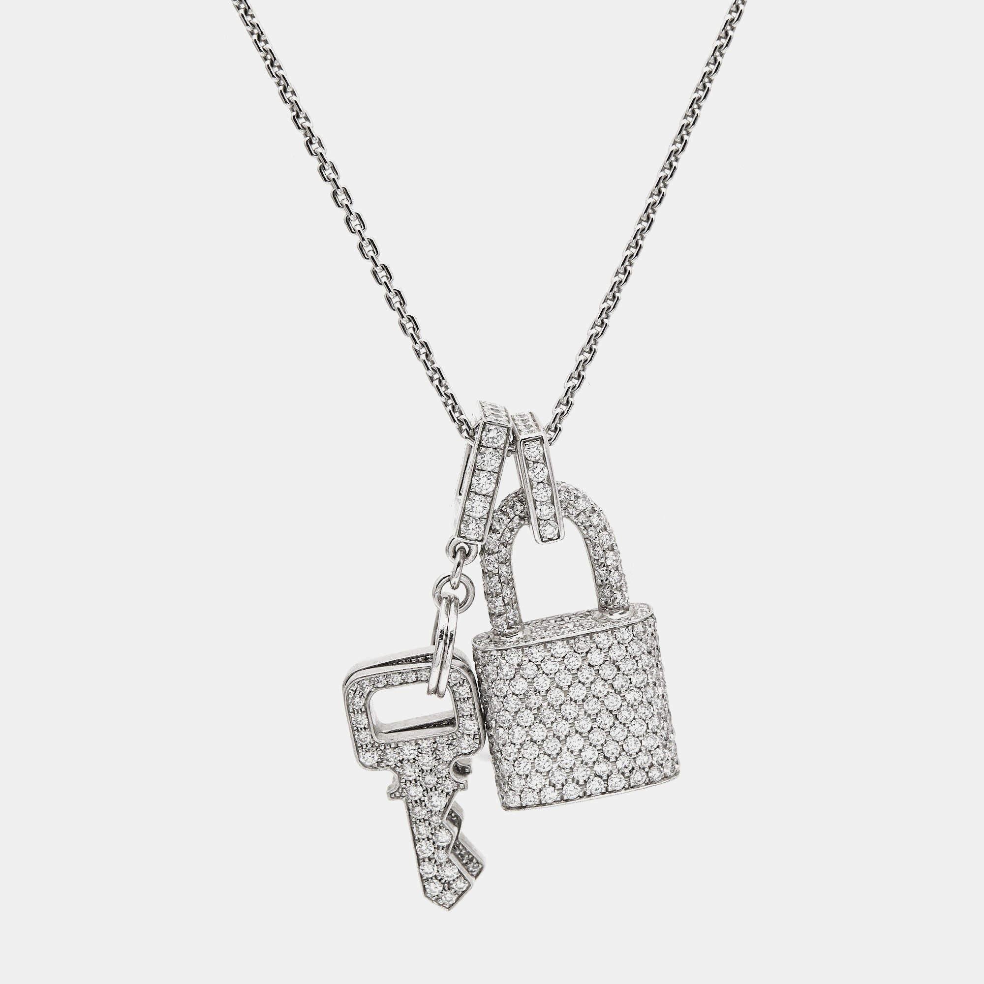 Aesthetic Movement Louis Vuitton Lock It Key Padlock Diamonds 18k White Gold Pendant Necklace For Sale