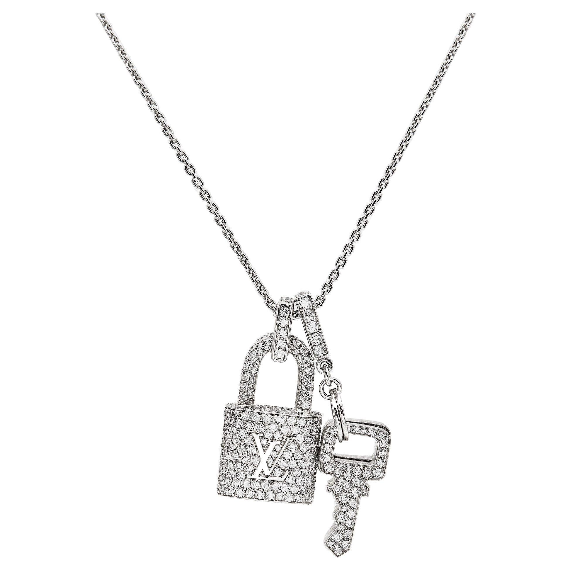 Louis Vuitton Lock It Key Padlock Diamonds 18k White Gold Pendant Necklace For Sale