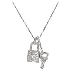 Used Louis Vuitton Lock It Key Padlock Diamonds 18k White Gold Pendant Necklace