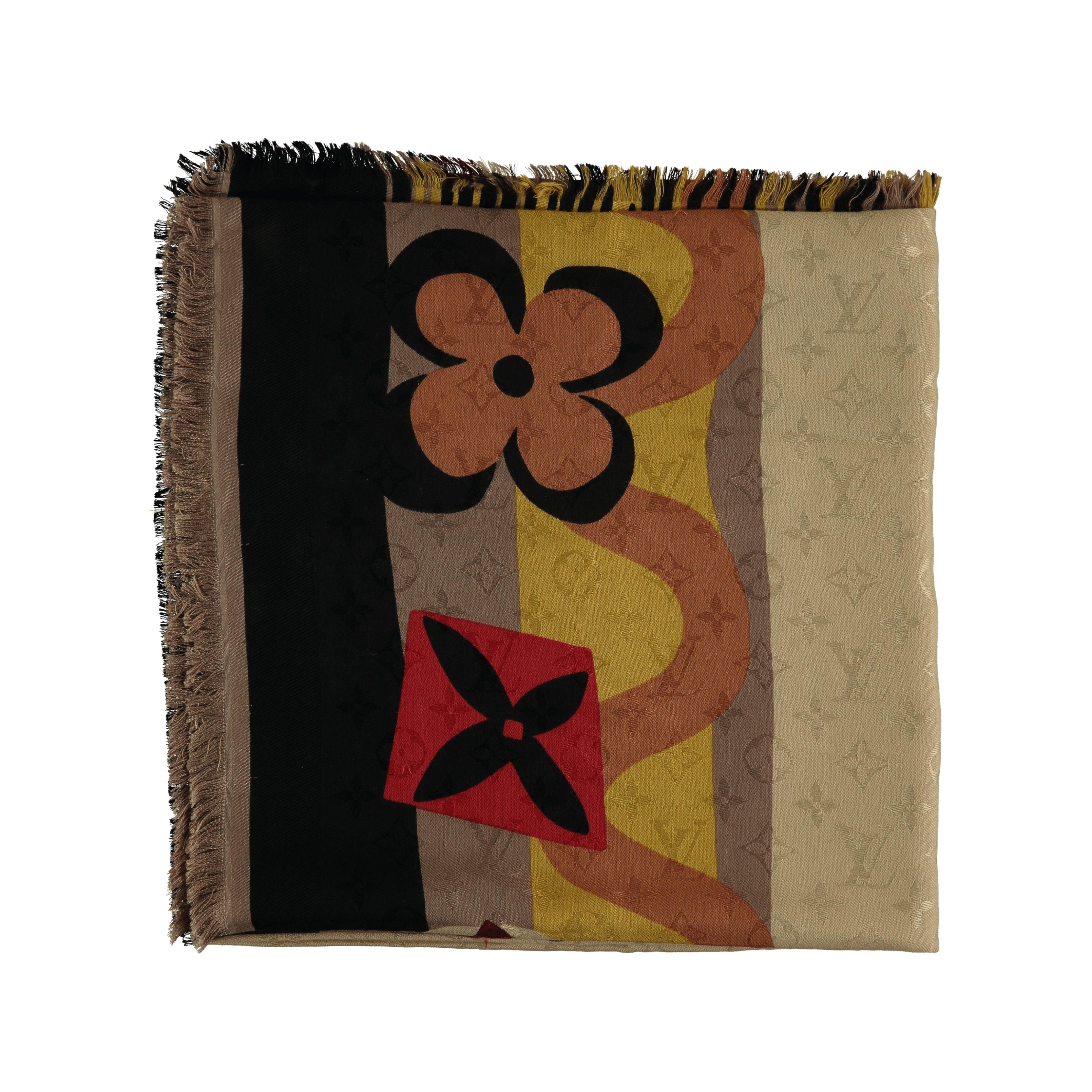 Brown Louis Vuitton Logo Monogram Jungle Fever Printed Silk & Wool Scarf - '10s For Sale