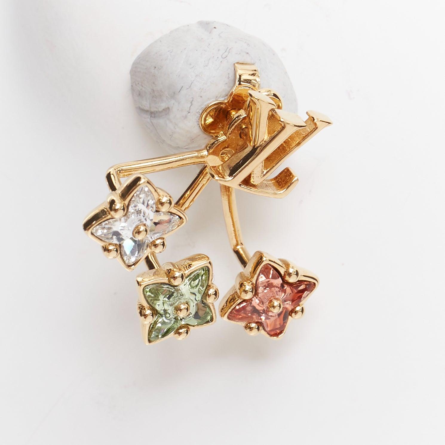 LOUIS VUITTON Loulougram logo doré vert floral cristal Paire de boucles d'oreilles en vente 1