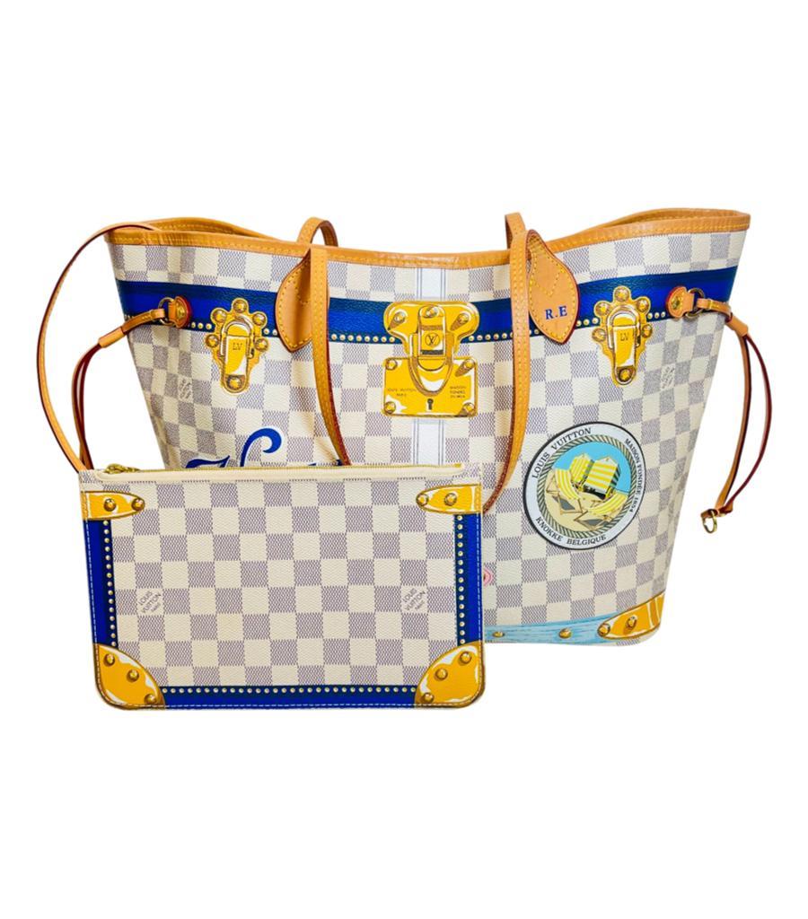 Louis Vuitton Limited Edition Damier Azur Summer Trunks Knokke Neverfull MM Bag & Pochette
Iconic Neverfull shoulder bag crafted in signature Damier Azur coated canvas with matching pouch.
Detailed with gold LV luggage trunk print accents and blue