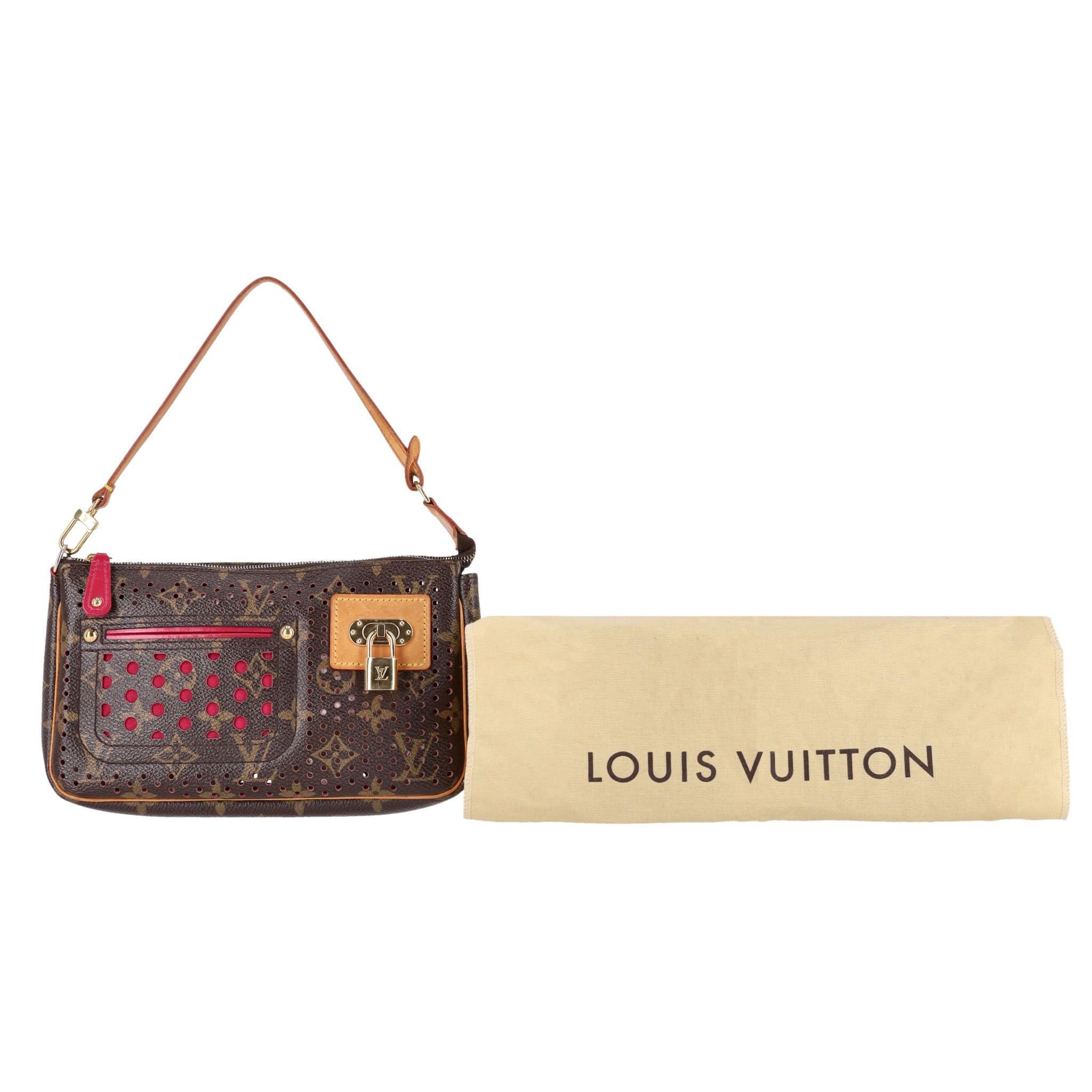 Louis Vuitton Ltd Edition Monogram Perforated Coated Canvas Pochette Bag

Brown shoulder bag designed with signature 'LV' monogram throughout.

Detailed with perforated exterior with contrasting, bright pink Alcantara lining.

Featuring detachable,