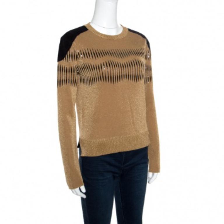 Marrone Louis Vuitton - Maglia in lurex con dettaglio patch sulla spalla in pelle scamosciata XS in vendita