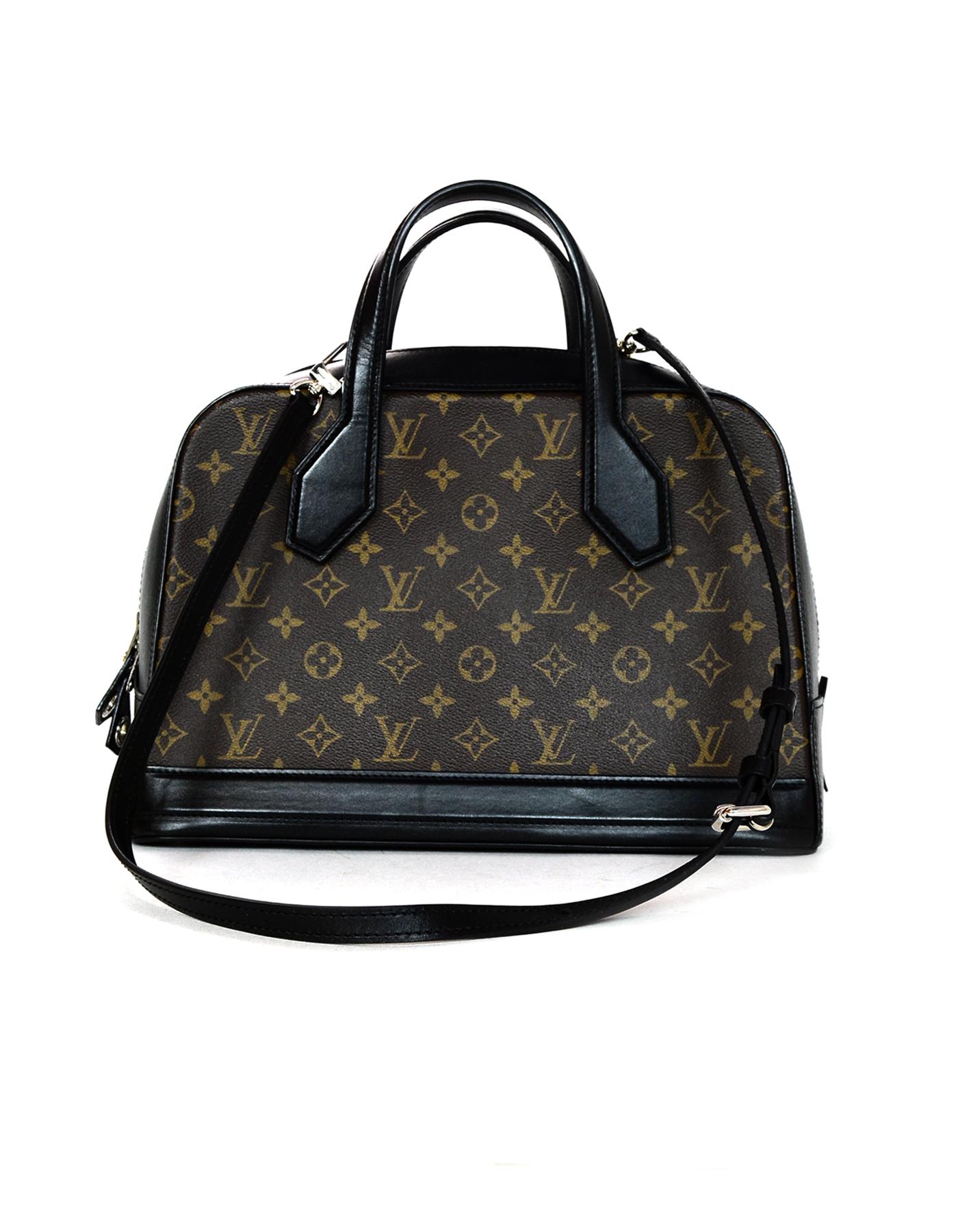 Louis Vuitton LV Brown Monogram Canvas/Black Leather Dora Tote Bag w/ Strap In Excellent Condition In New York, NY
