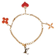 Louis Vuitton LV Charm Bracelet Fleur Heart Gold Red Pink Logo Chain Link