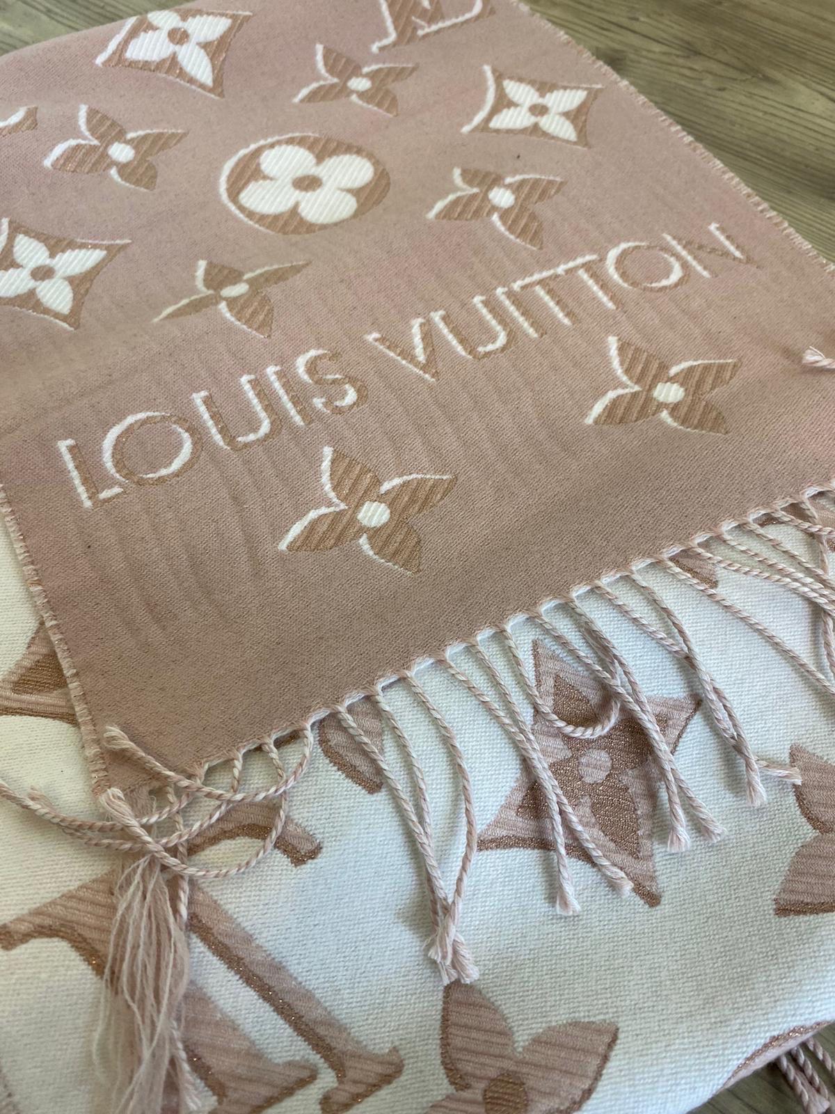Brown Louis Vuitton LV Essential Shine Wool Scarf with lurex inserts.