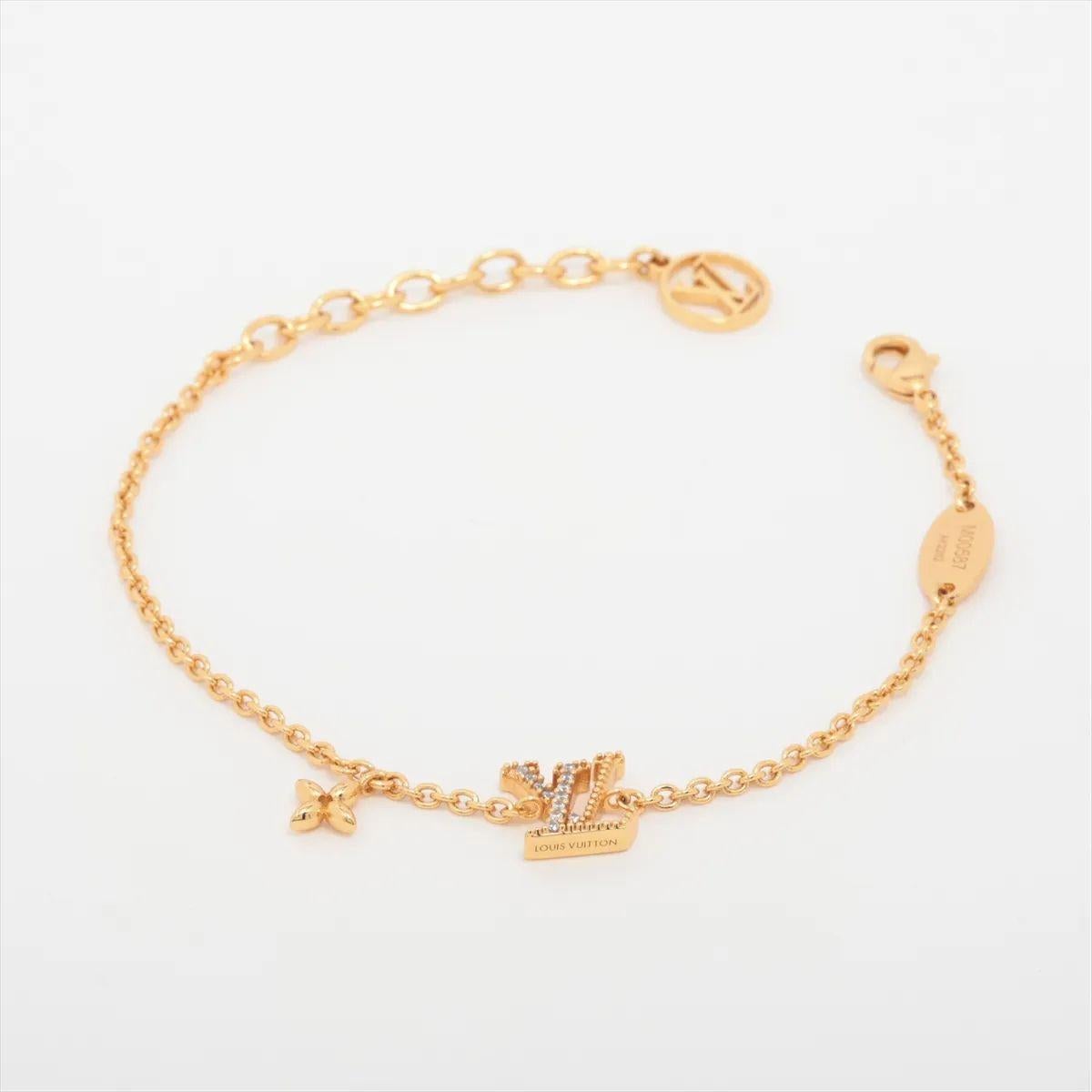 The Louis Vuitton LV Iconic Bracelet in gold-tone is a sleek and modern accessory that embodies the brand’s timeless elegance. Featuring a polished gold-tone finish, it showcases the signature LV initials as the central design element, adding a