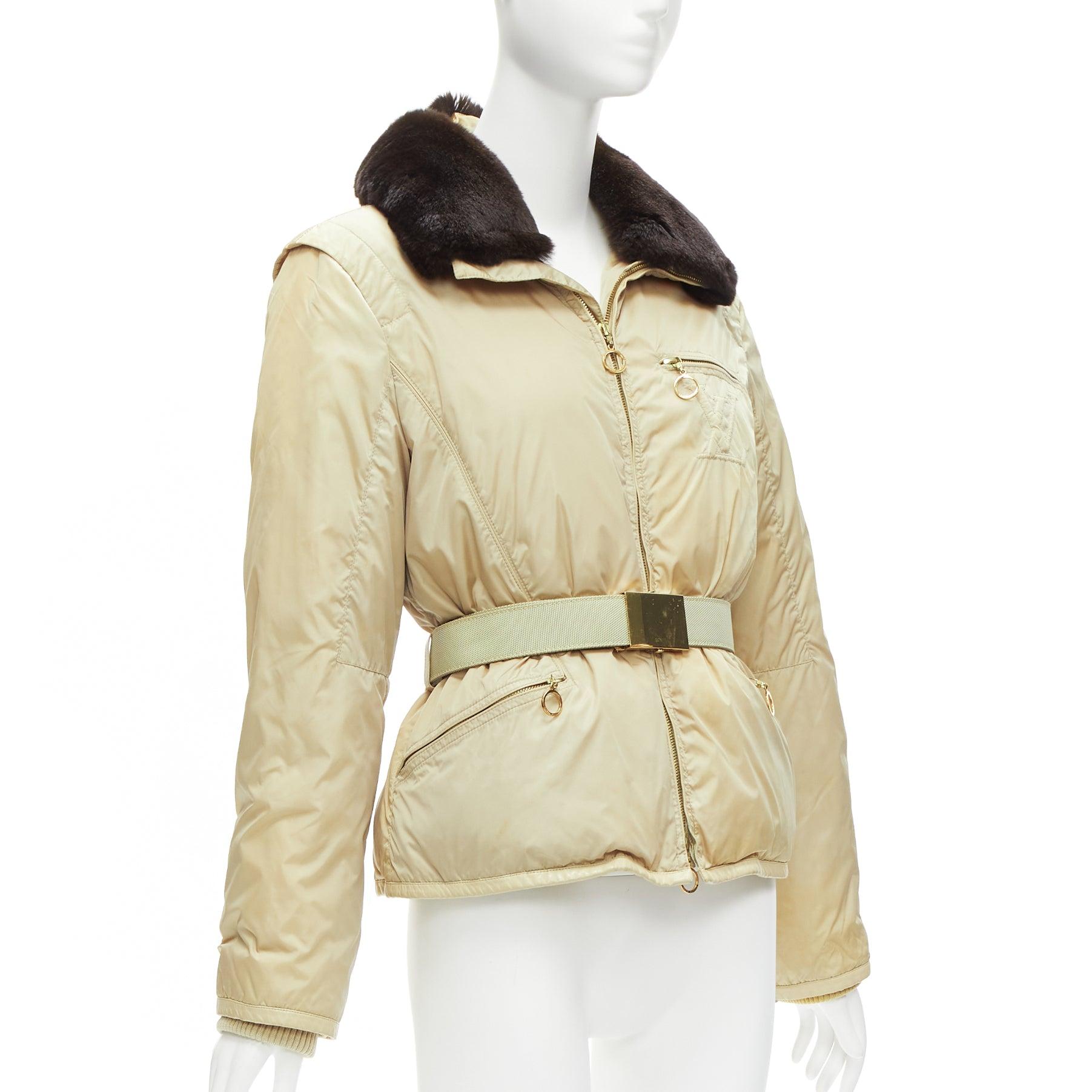 LOUIS VUITTON LV logo brown fur collar belted down puffer jacket FR40 L In Fair Condition In Hong Kong, NT