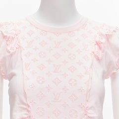 LOUIS VUITTON LV logo monogram eyelet lace panel ruffle cape sleeves tshirt top