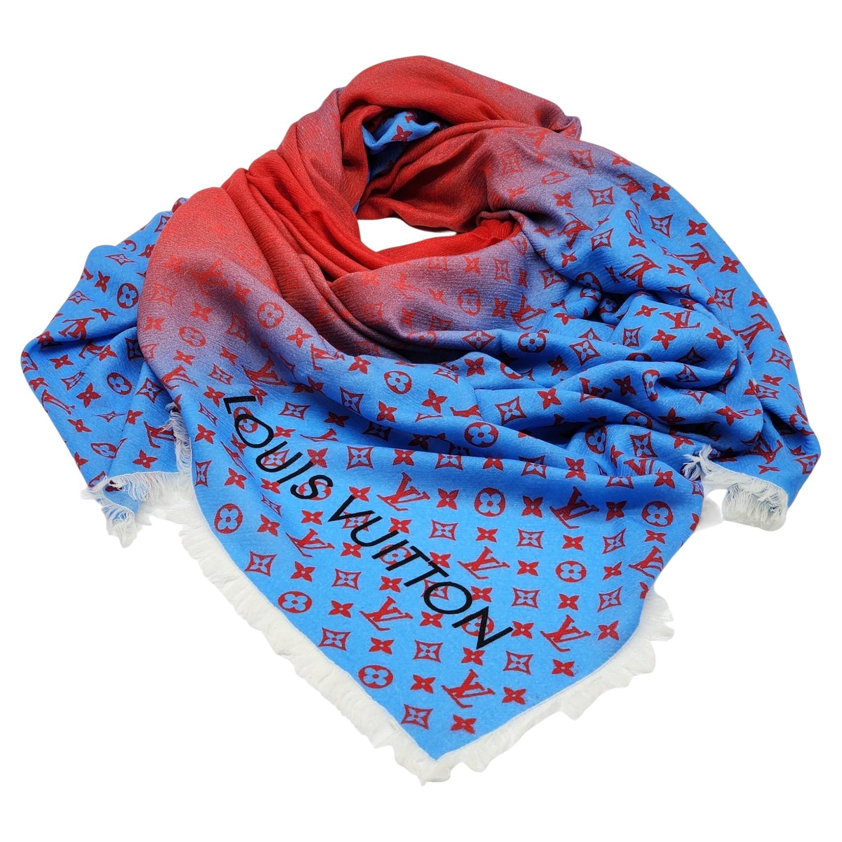 Louis Vuitton LV Logo Multicolor Wool Oversized Scarf Blue/Red M78715 For Sale