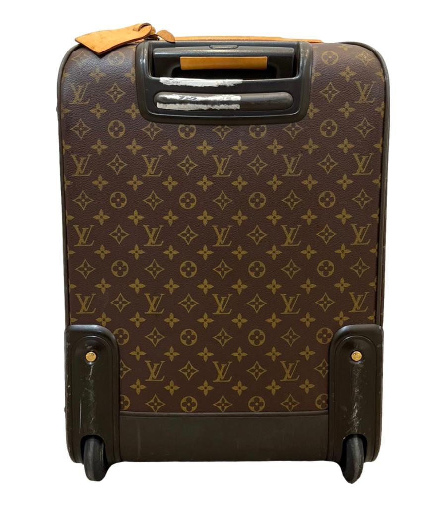 Louis Vuitton  'LV' Logo Pegase 50 Rolling Suitcase

Brown coated monogram canvas with leather accents. Retractable handle and 

two rear wheels.

Size - Height 50cm, Width 40cm, Depth 16cm

Condition - Good  (Some marks to leather
