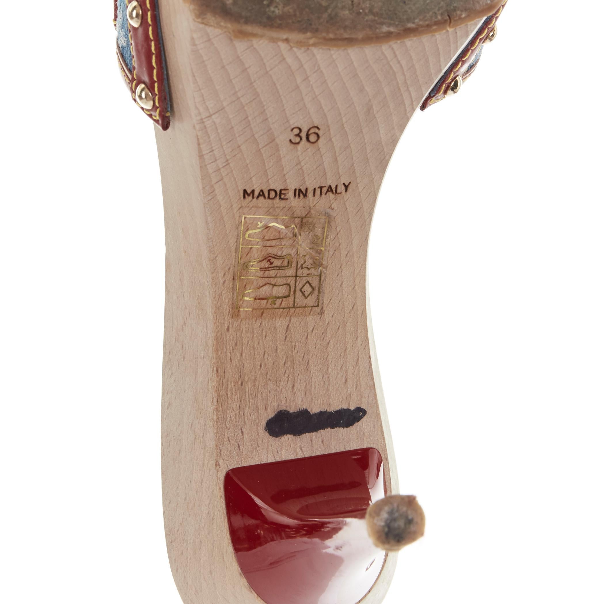 LOUIS VUITTON LV monogram blue denim red bow patent wooden clog sandals EU36 2
