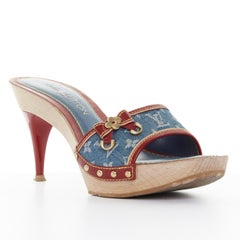 LOUIS VUITTON LV monogram blue denim red bow patent wooden clog sandals EU36