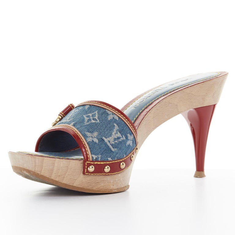 $650 Louis Vuitton Monogram Logo Denim Blue Red Sandals Mules SZ 36.5 -  Lust4Labels