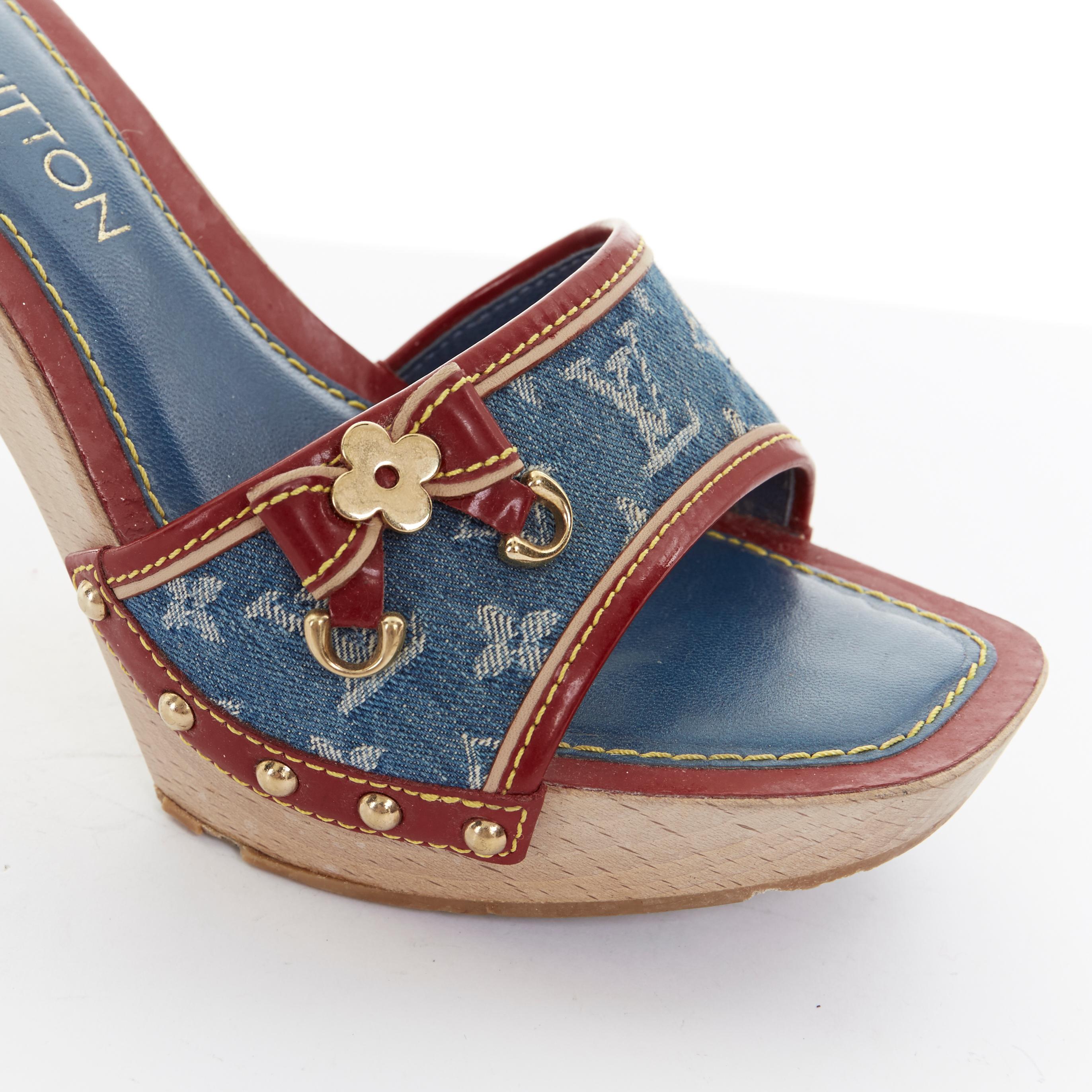 Women's LOUIS VUITTON LV monogram blue denim red bow patent wooden clog sandals EU36