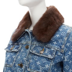 LOUIS VUITTON LV monogram jacquard denim mink fur collar trucker jacket FR34 XS