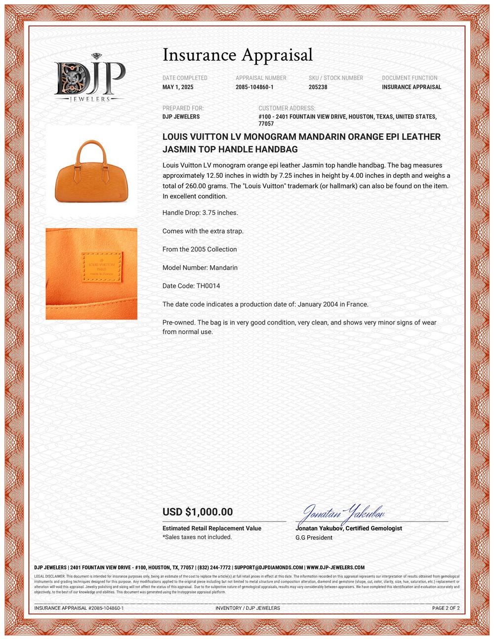Louis Vuitton LV Monogram Mandarin Orange Epi Leather Jasmin Top Handle Handbag 10