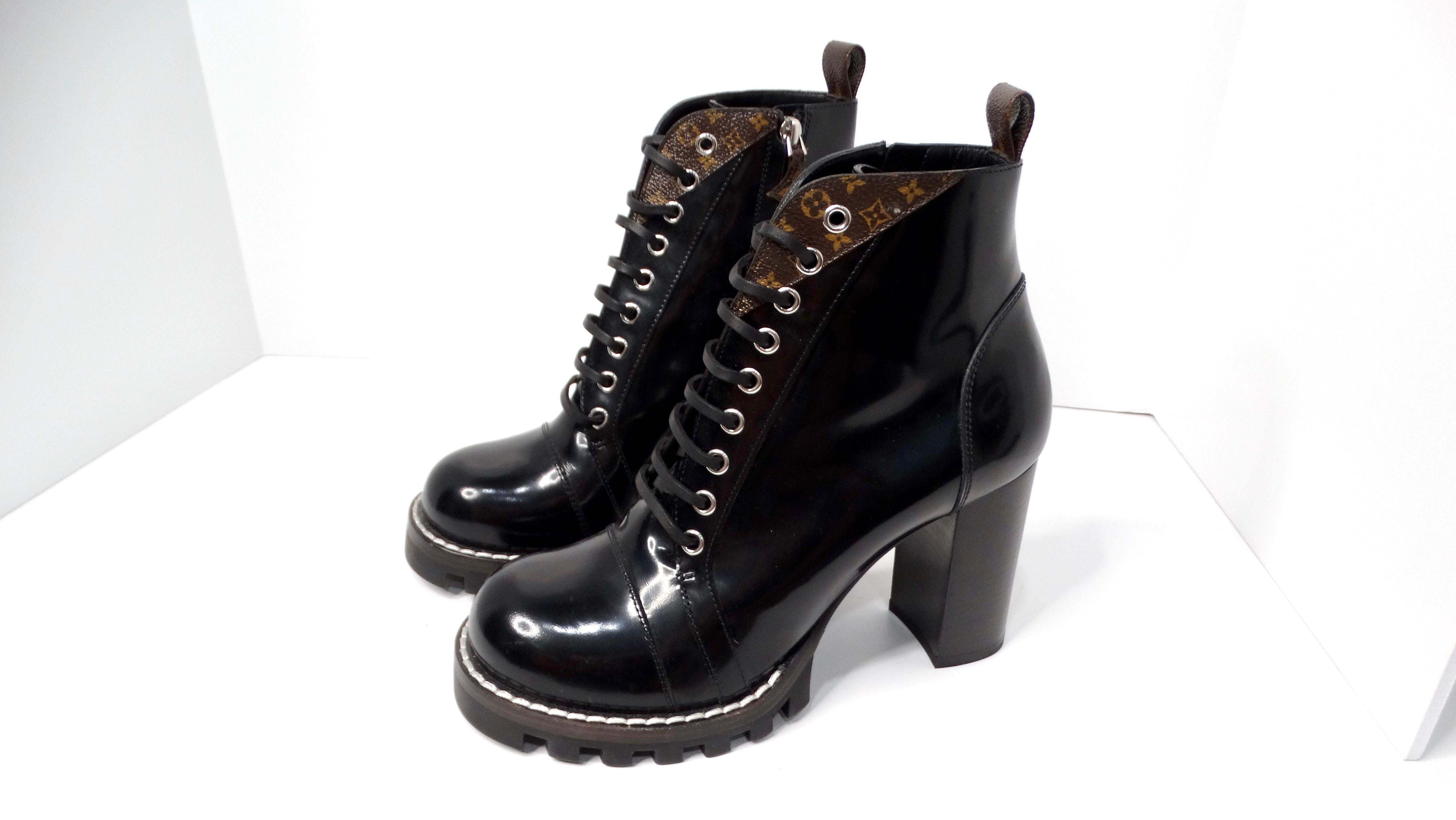 Black Louis Vuitton LV Monogram Patent Leather Lace-Up Ankle Combat Boots For Sale