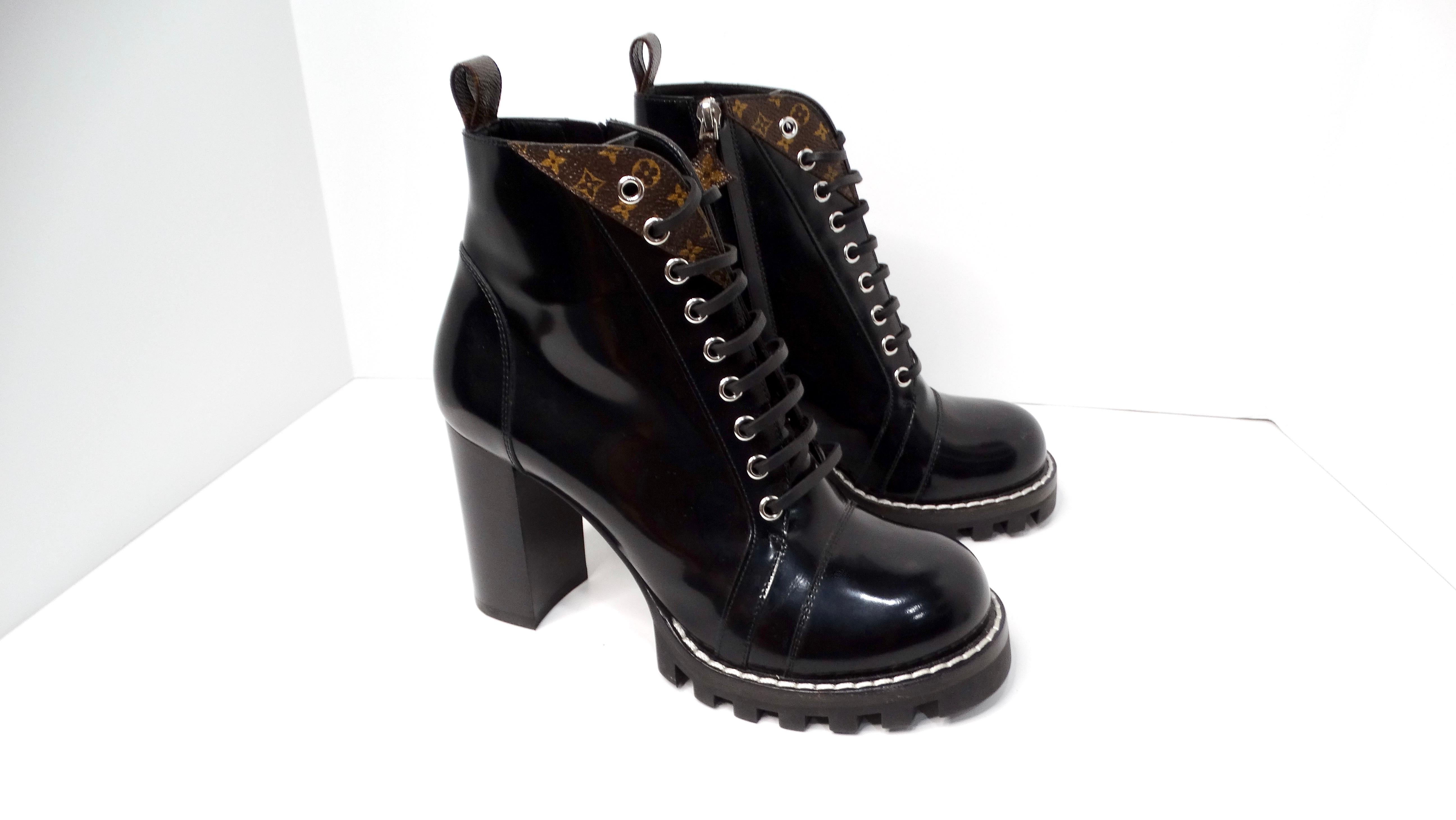 Louis Vuitton LV Monogram Patent Leather Lace-Up Ankle Combat Boots For Sale 1