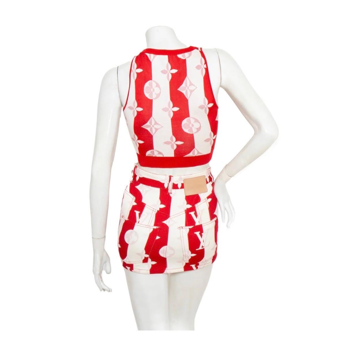 Monogram two-piece set by Louis Vuitton
Knit Top & Denim Skirt
Made in Italy
 Top Details:

Halter knit sleeveless top 
Ribbed neckline and hem
Overall contrast logo
Flower monogram pattern
Red and white stripe background
Composition: 56% silk, 34%