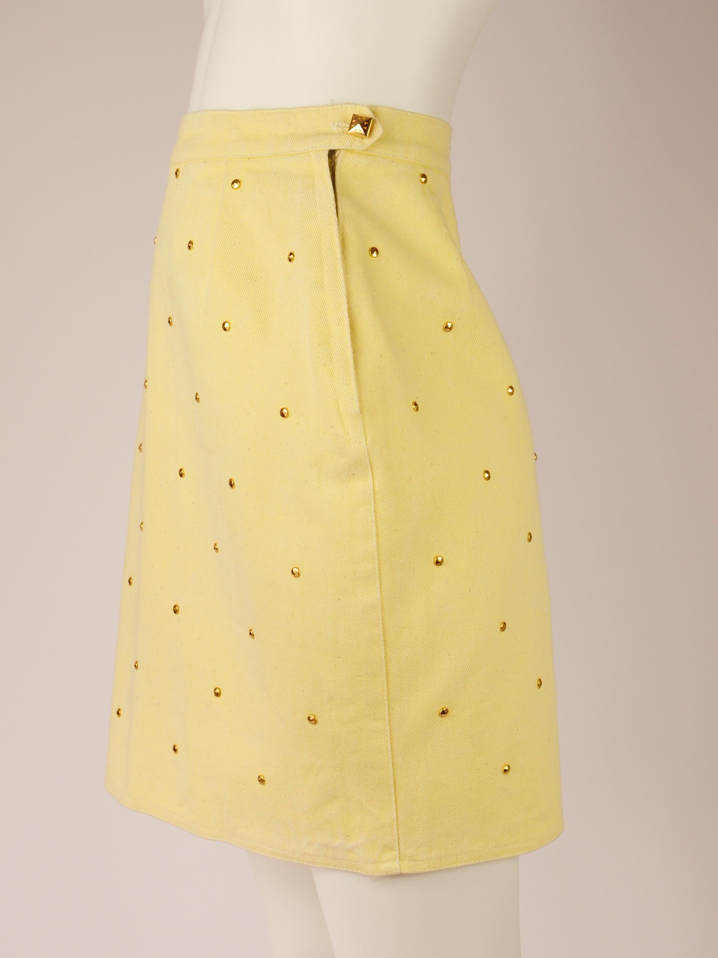 Women's Louis Vuitton LV Sportswear Denim Studded Mini Skirt Yellow 1980s For Sale