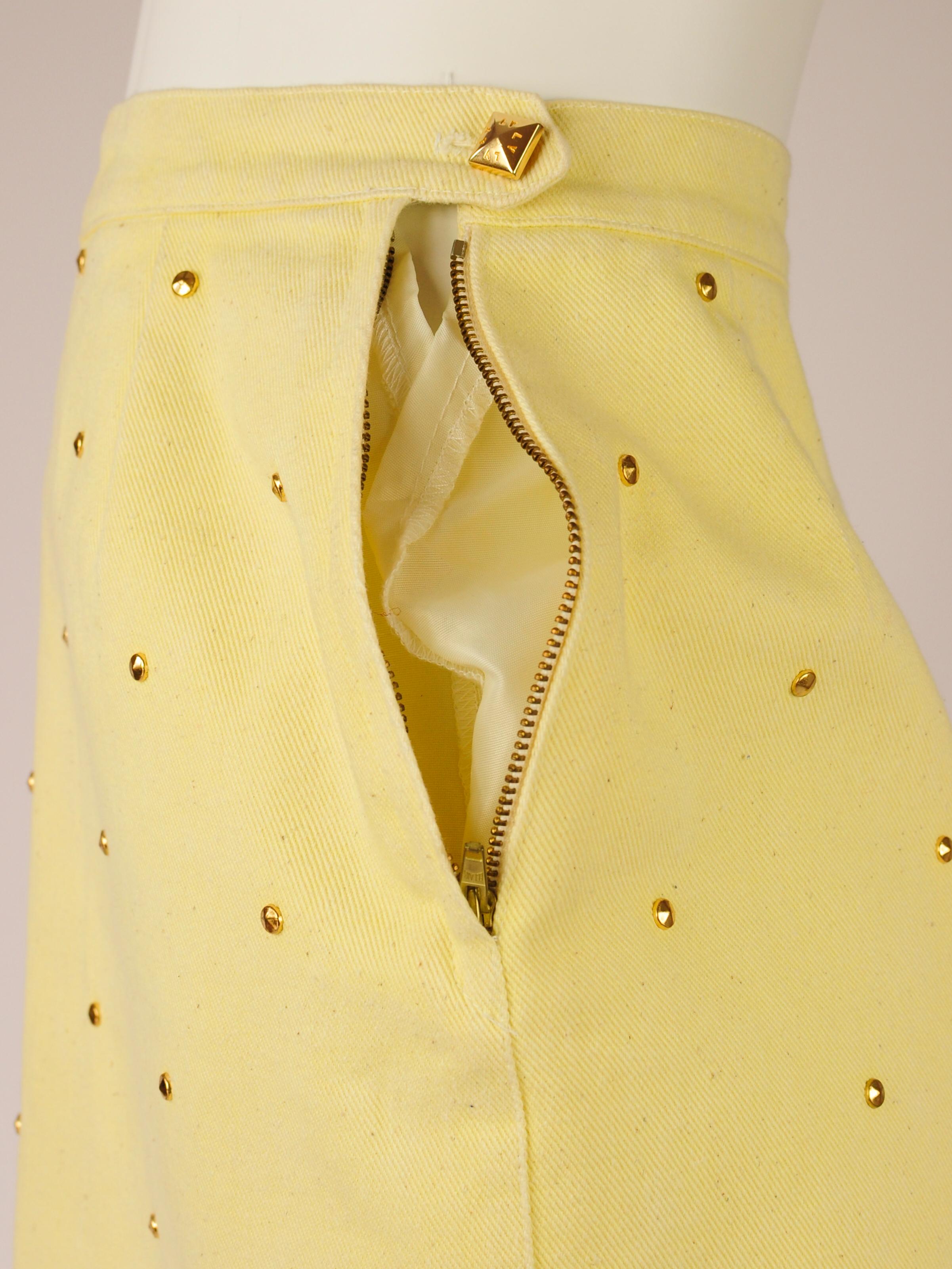 Louis Vuitton LV Sportswear Denim Studded Mini Skirt Yellow 1980s For Sale 1
