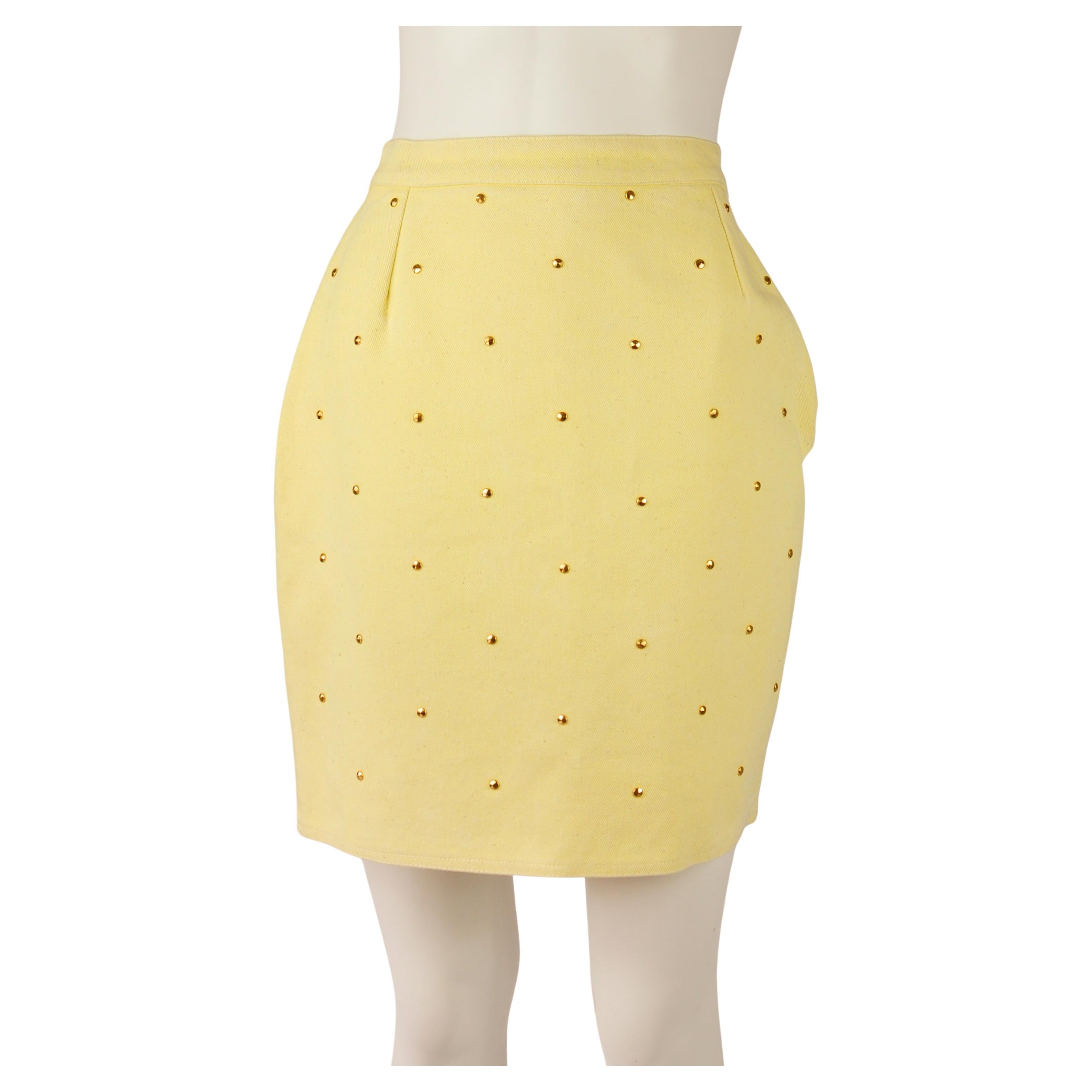 Louis Vuitton LV Sportswear Denim Studded Mini Skirt Yellow 1980s For Sale