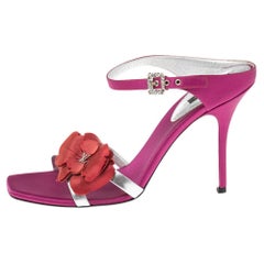 Louis Vuitton Magenta/Silver Satin Flower Applique Strap Sandals Size 40