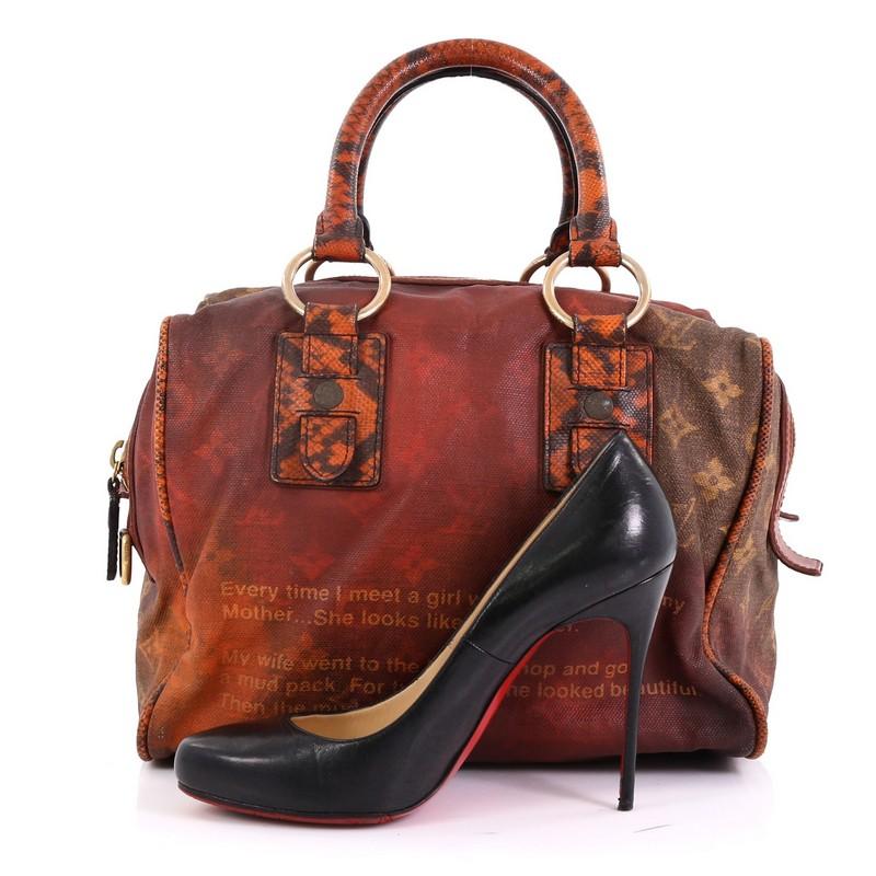 This Louis Vuitton Mancrazy Jokes Handbag Monogram Canvas and Snakeskin, crafted in multicolor monogram canvas and genuine snakeskin, features comical jokes dear to the artist, dual rolled handles, and aged gold-tone hardware. Its double top zip